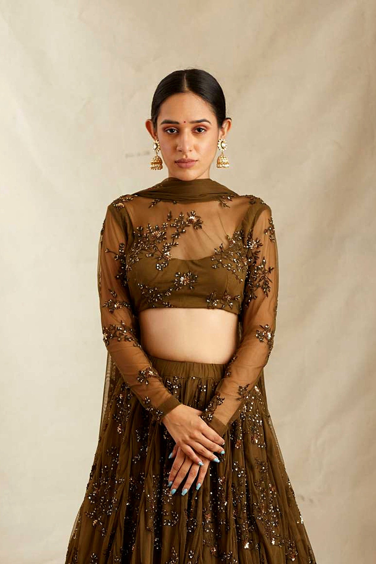 Dark Green Thread Work Lehenga Set