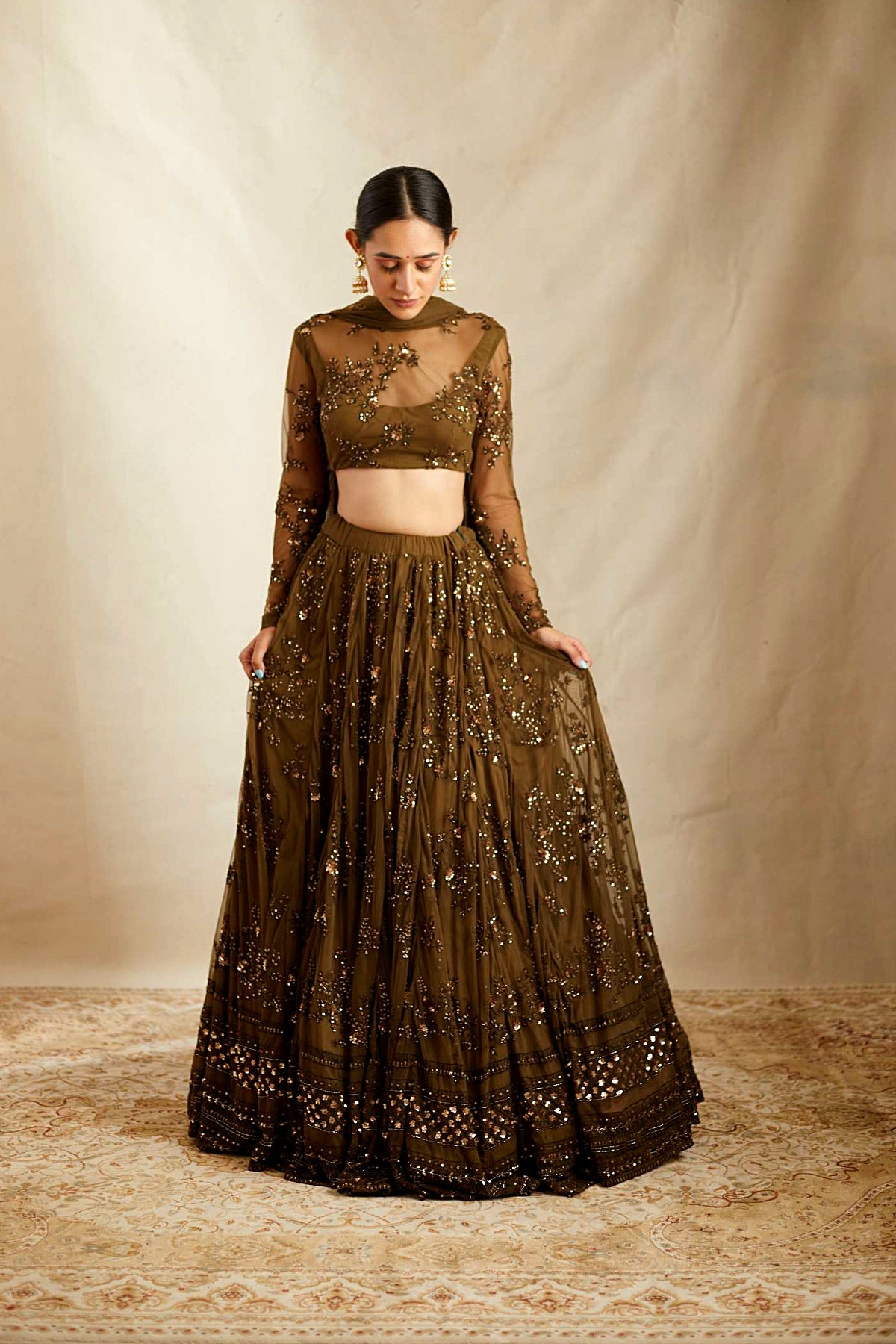 Dark Green Thread Work Lehenga Set