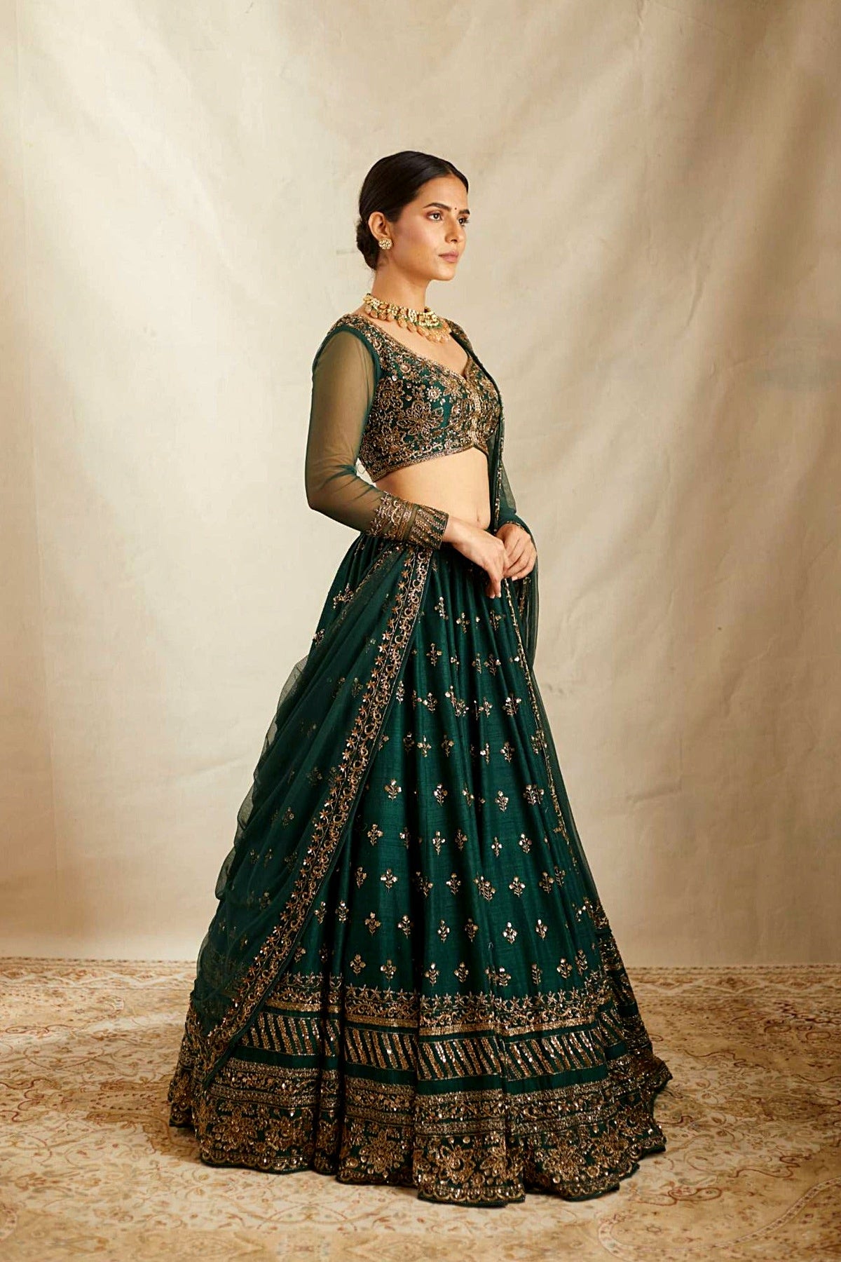 Embrelled Green Raw Silk Lehenga Set