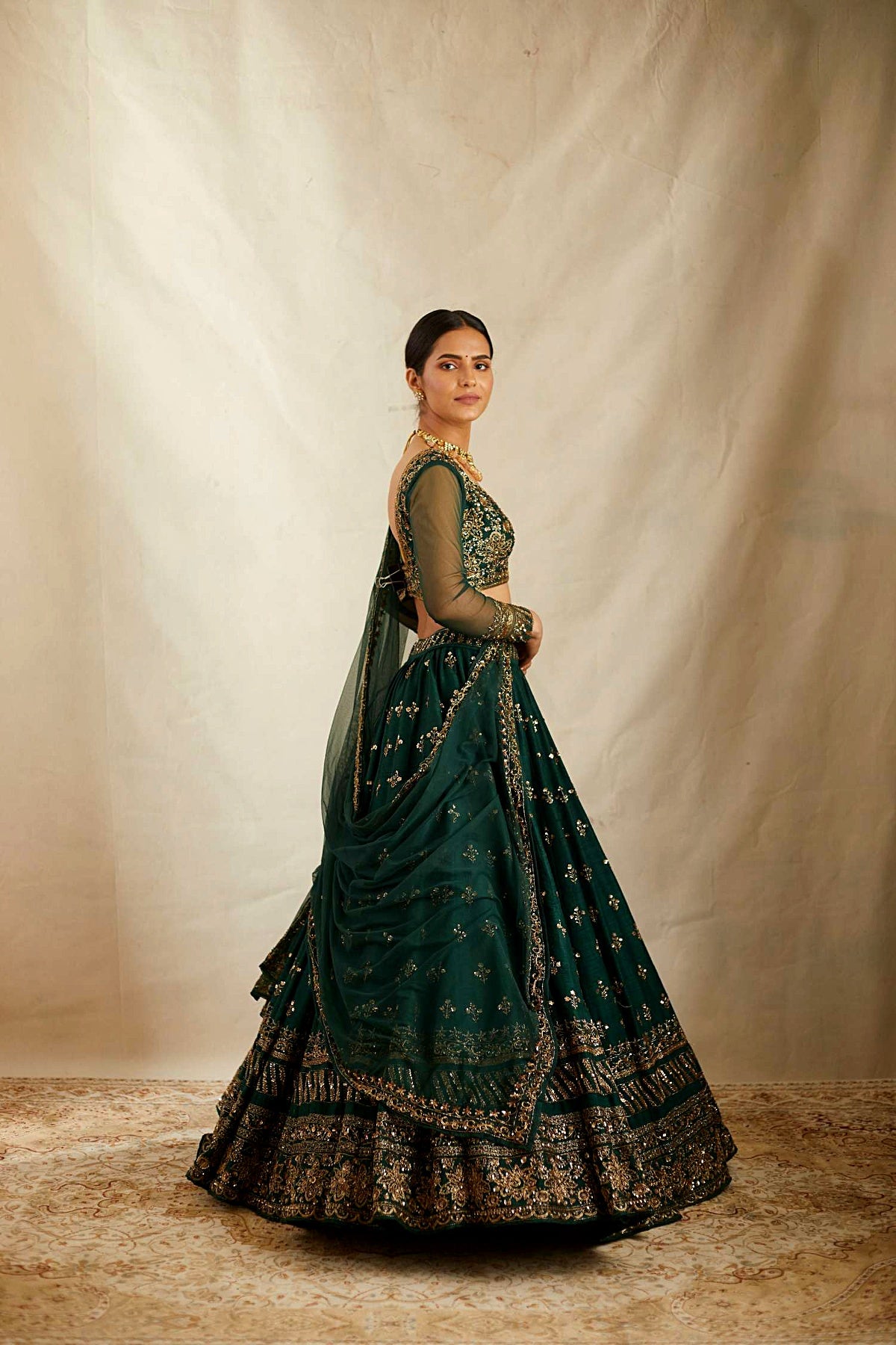 Embrelled Green Raw Silk Lehenga Set