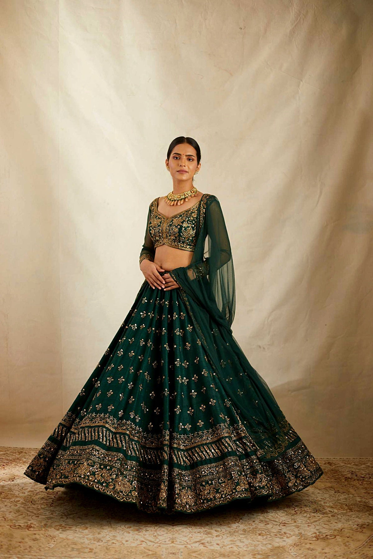 Embrelled Green Raw Silk Lehenga Set