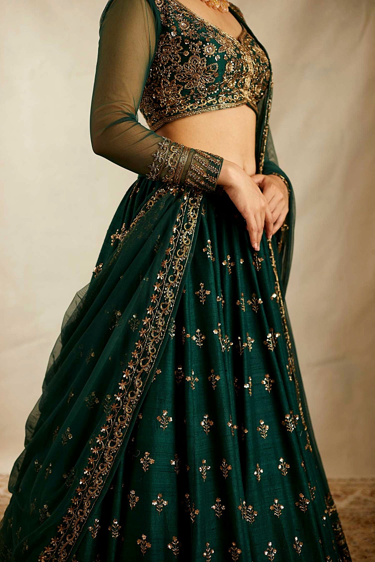 Embrelled Green Raw Silk Lehenga Set