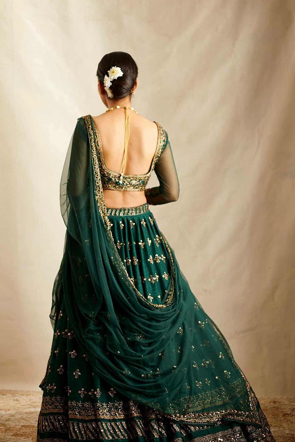 Embrelled Green Raw Silk Lehenga Set