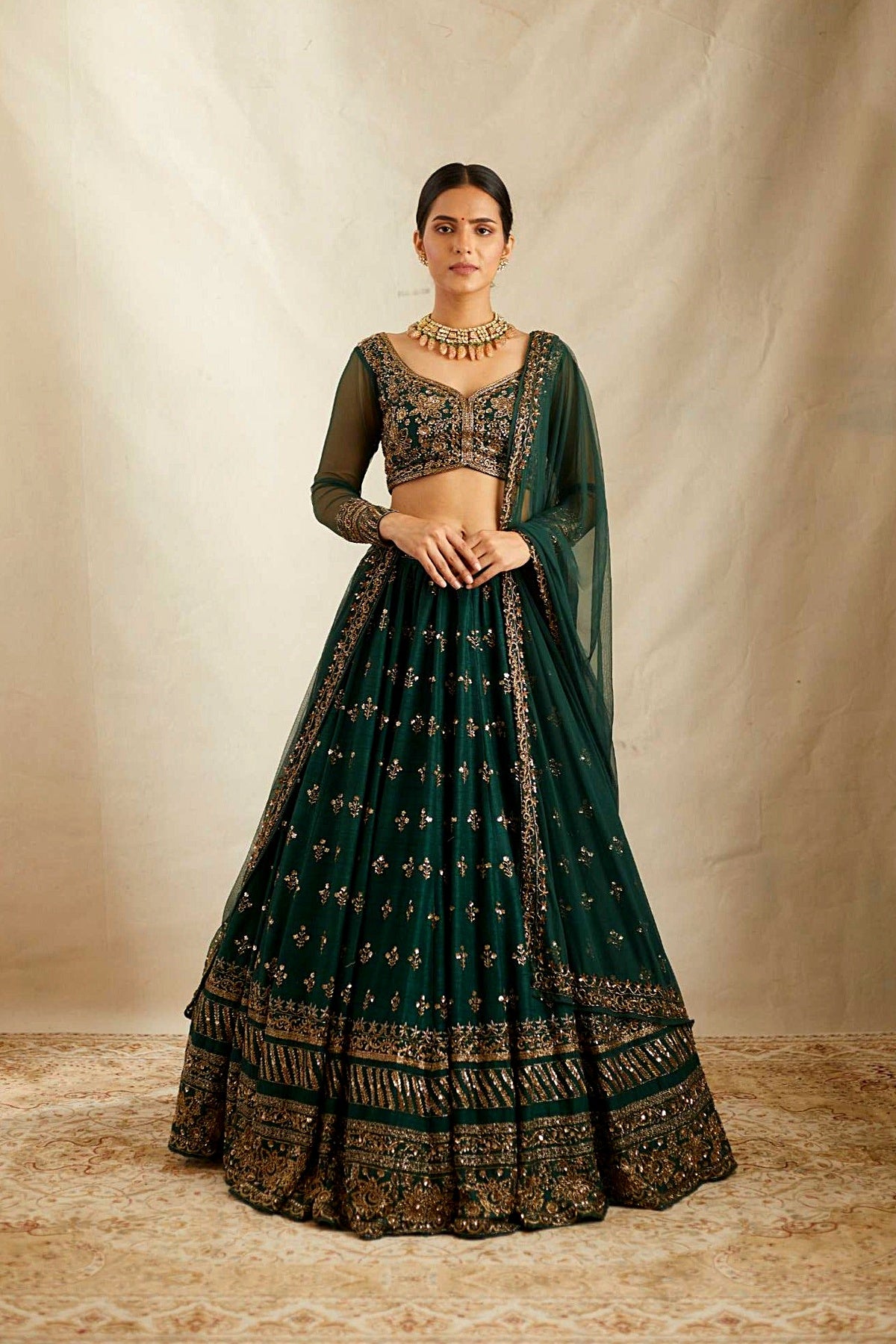 Embrelled Green Raw Silk Lehenga Set