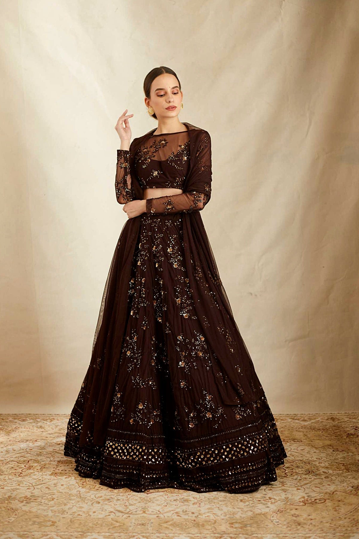 Dark Coffee Thread Work Lehenga Set