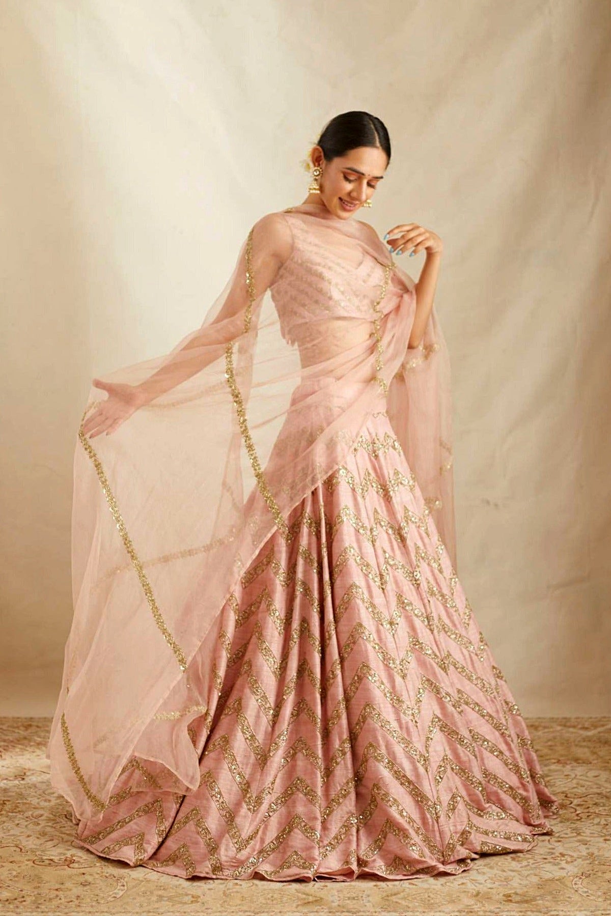 Blush Pink Raw Silk Zig Zag Work Lehenga Set