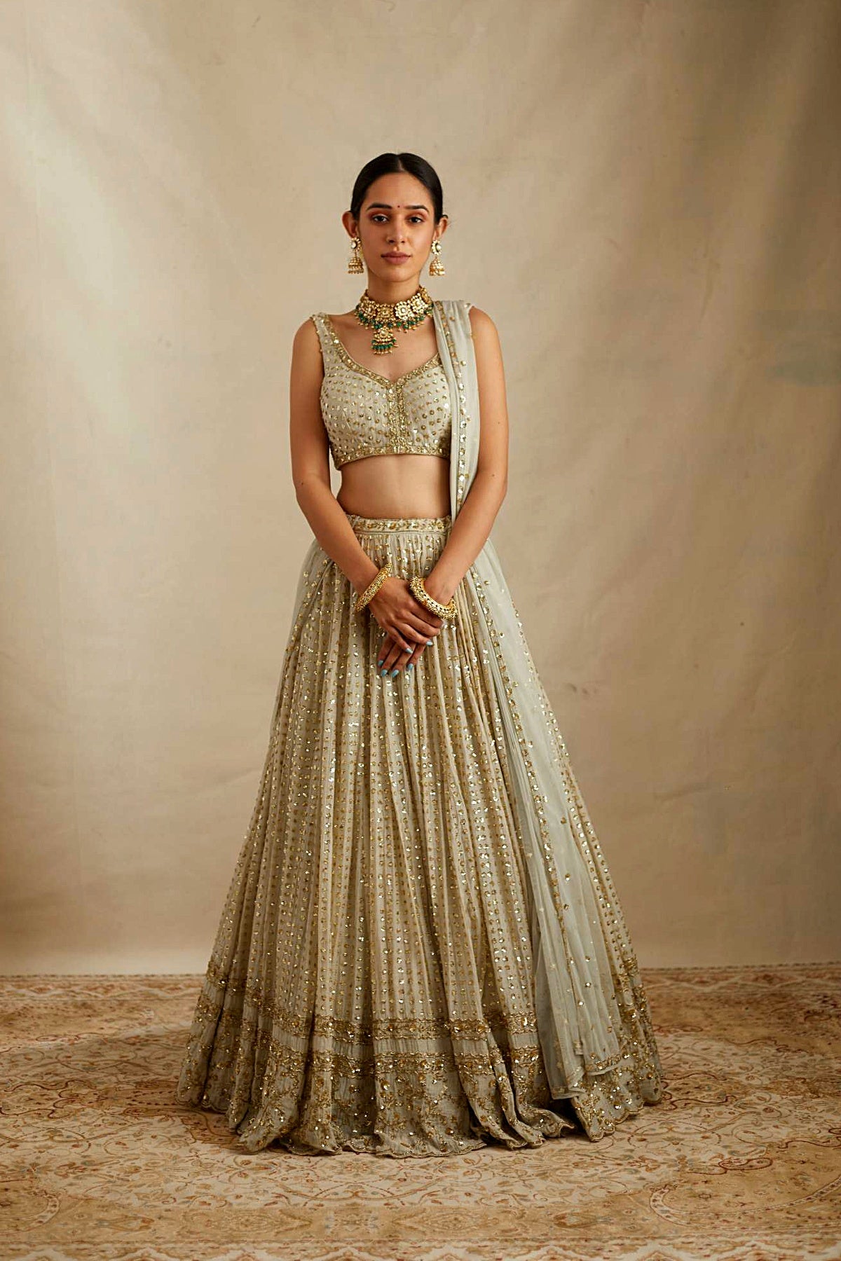 Mint Chanderi Heavy Sitara Work Lehenga Set