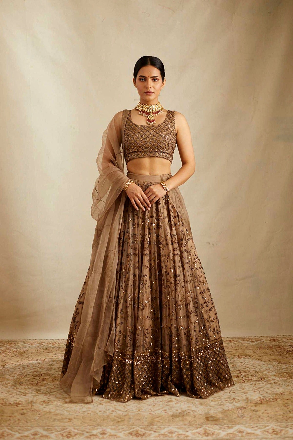 Brown Jaal Work Organza Lehenga Set