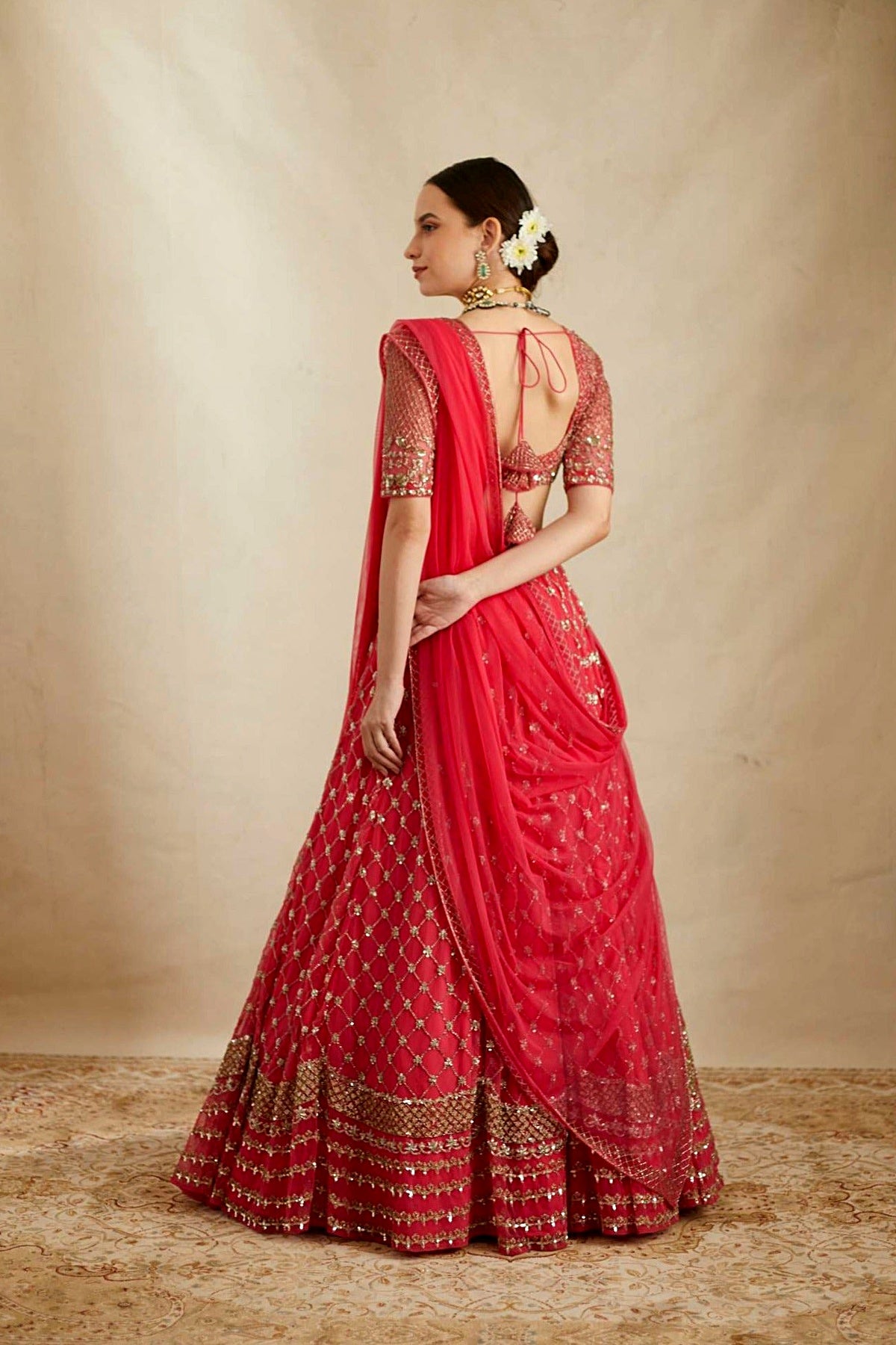 Caramine Pink Heavy Jaal Work Lehenga Set