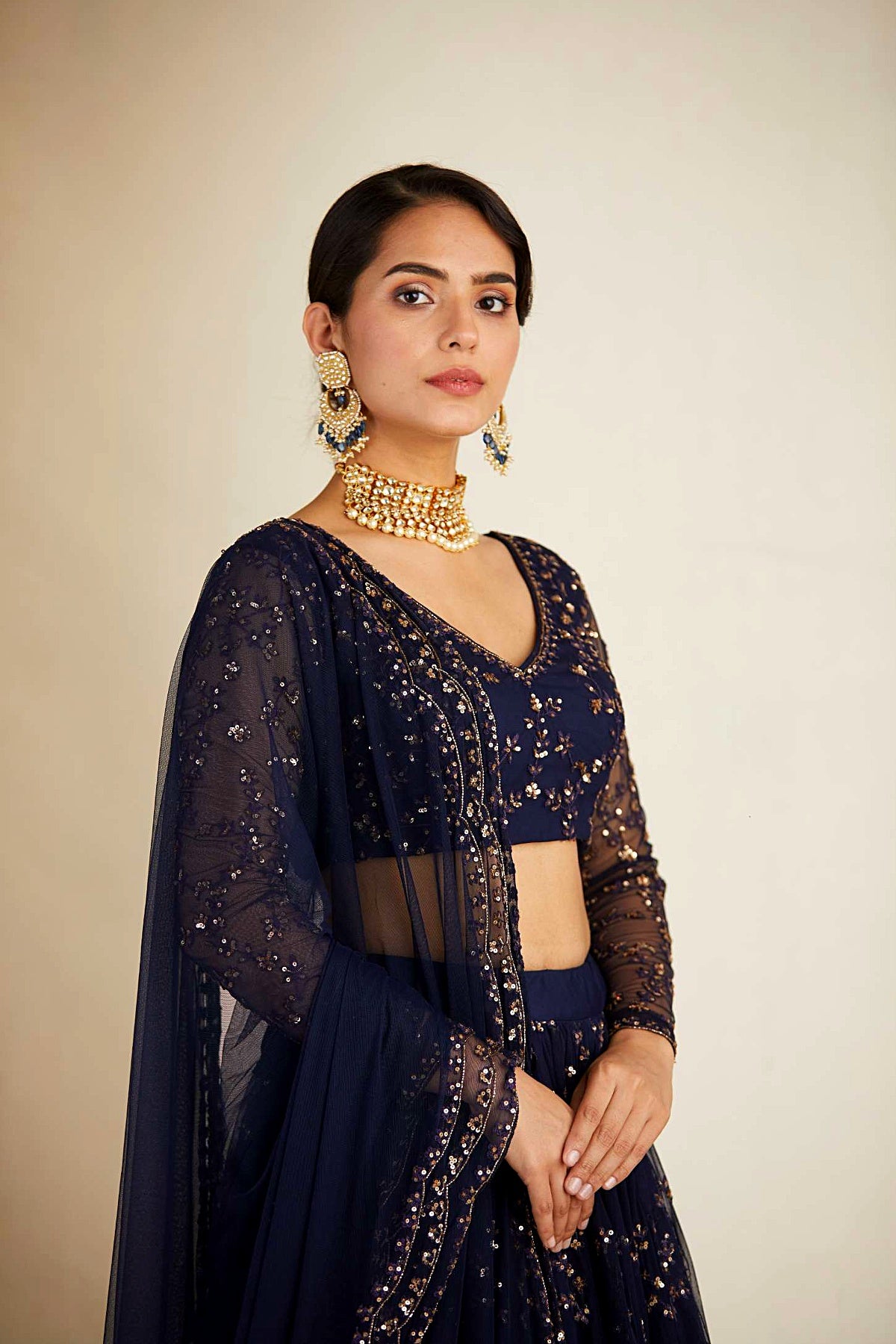 Navy Blue Heavy Double Border Lehenga Set