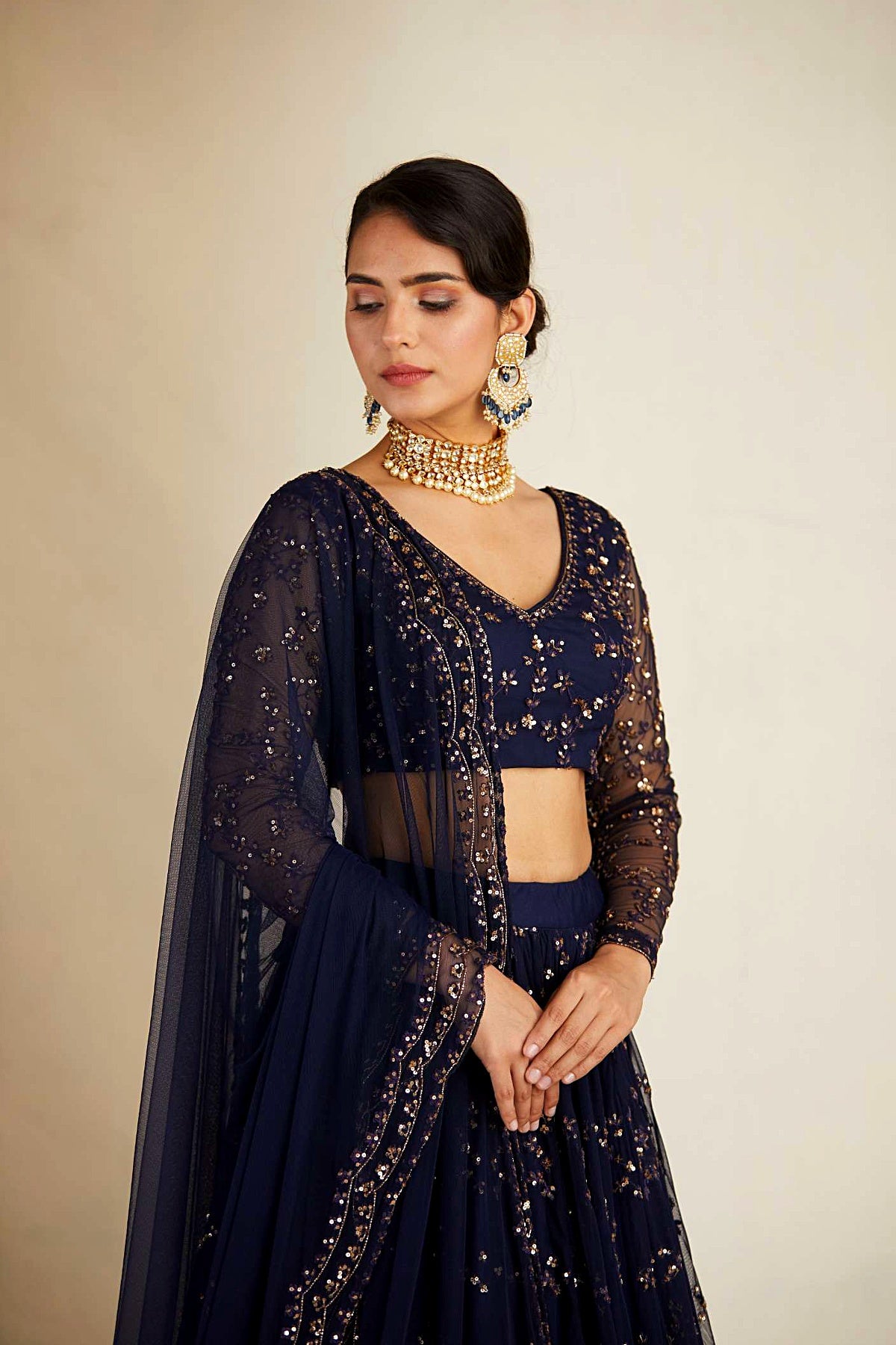 Navy Blue Heavy Double Border Lehenga Set