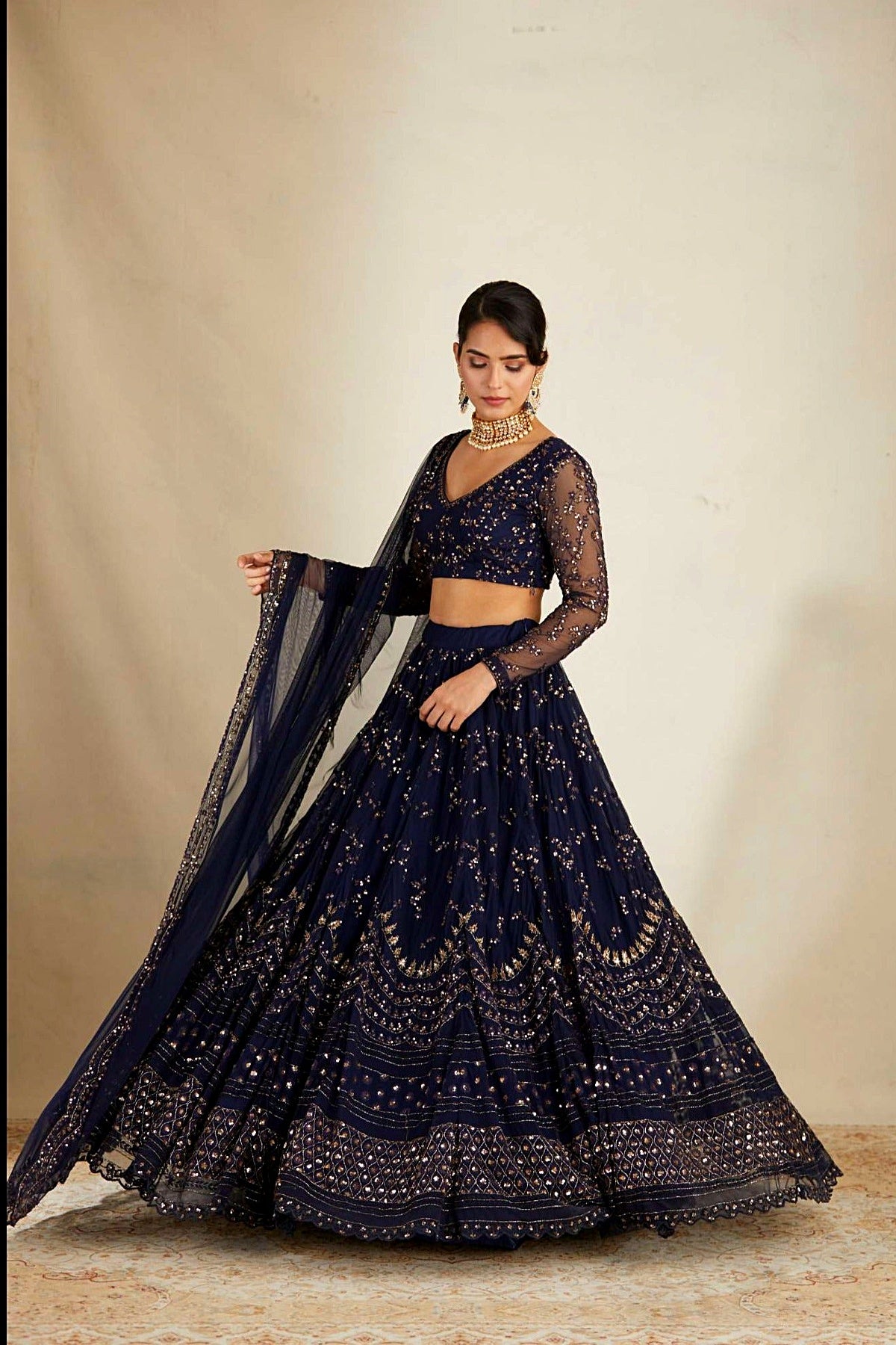 Navy Blue Heavy Double Border Lehenga Set
