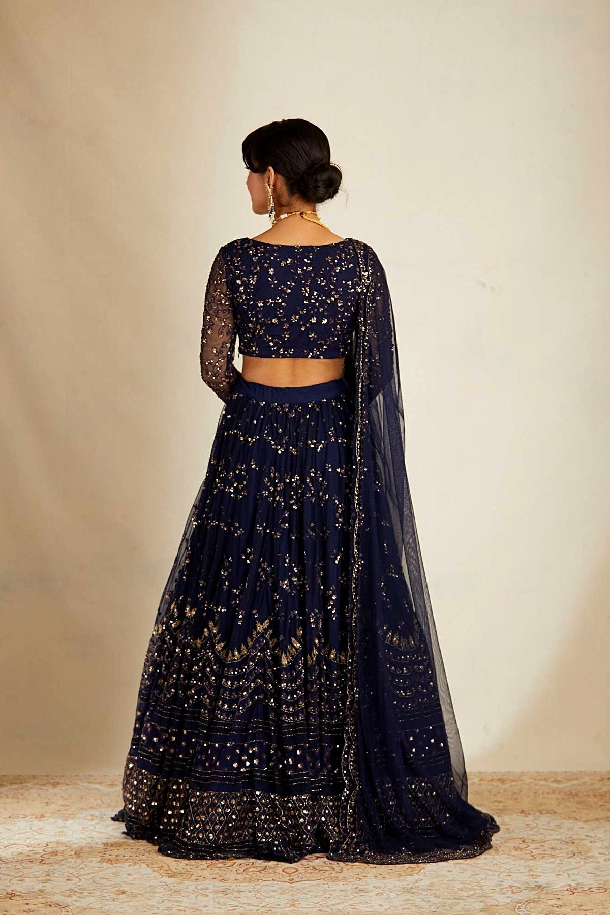 Navy Blue Heavy Double Border Lehenga Set