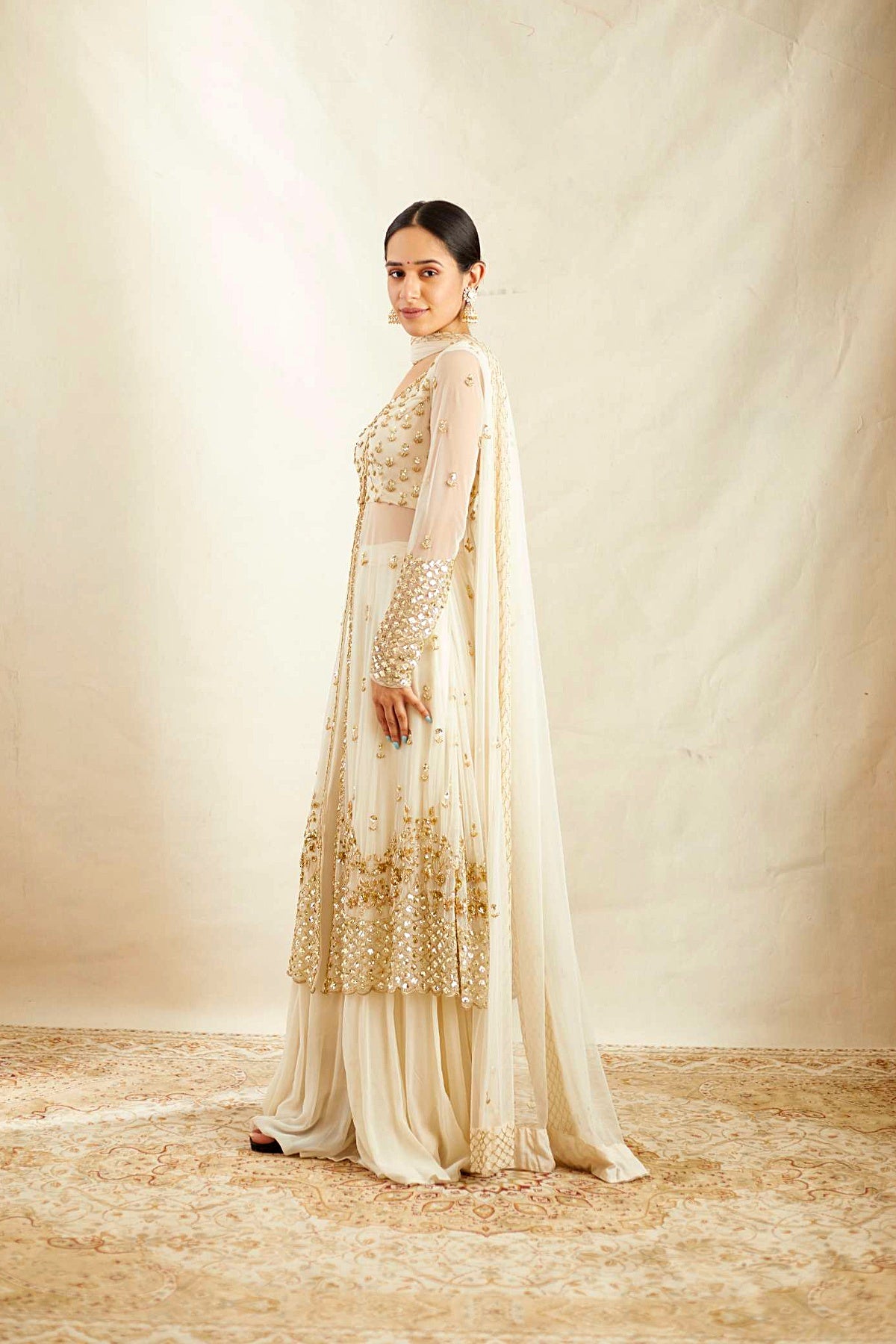 Off White Net Front Open Jacket With Sharara Set
