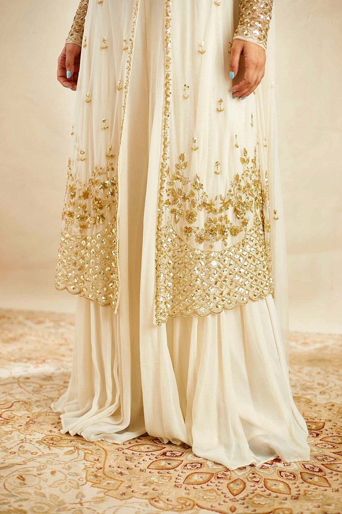 Off White Net Front Open Jacket With Sharara Set