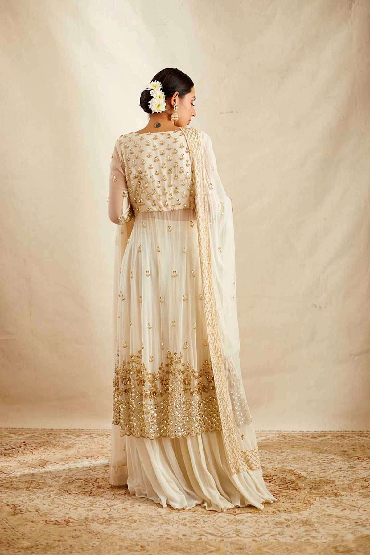 Off White Net Front Open Jacket With Sharara Set