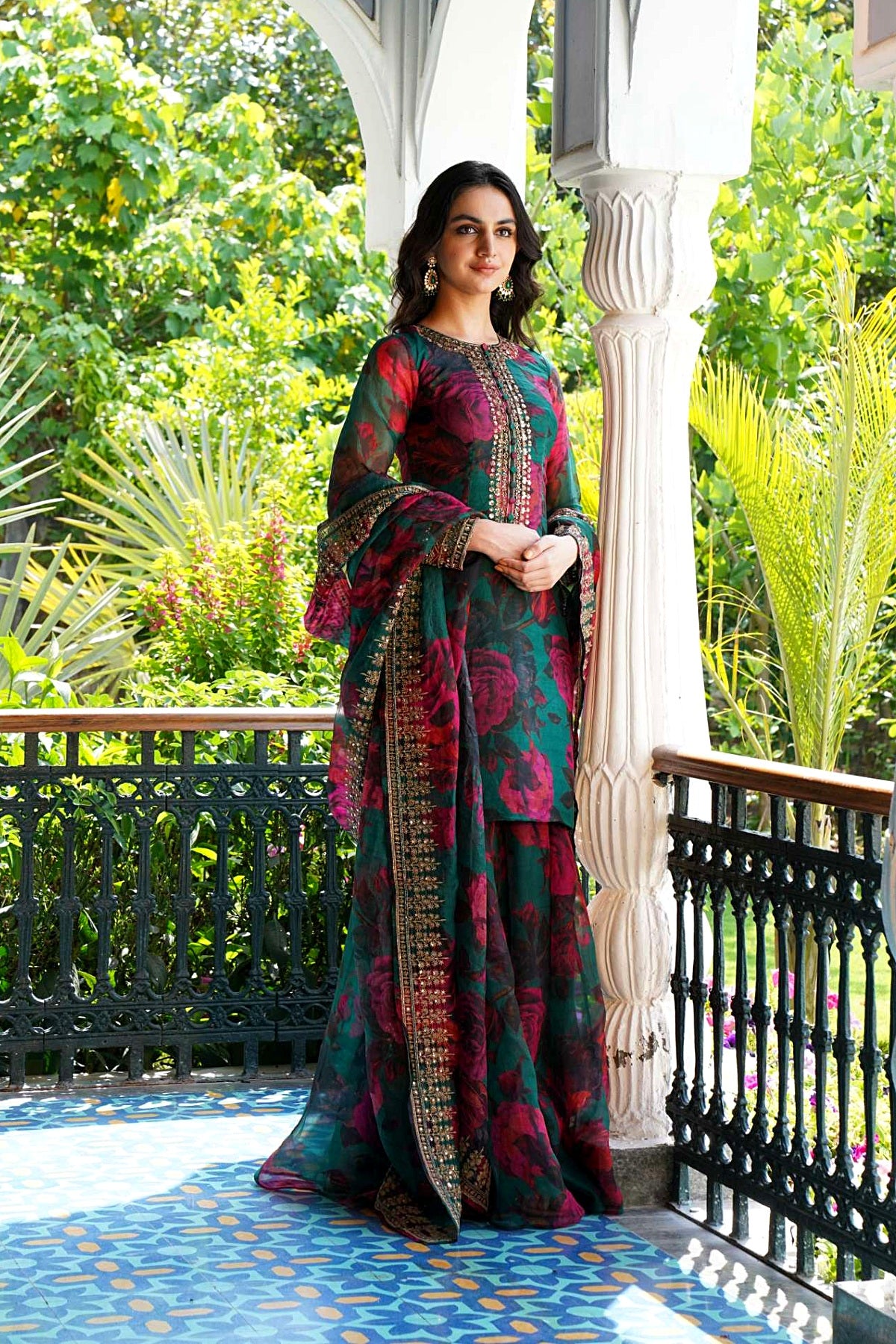 Teal Green Floral Kurti Set
