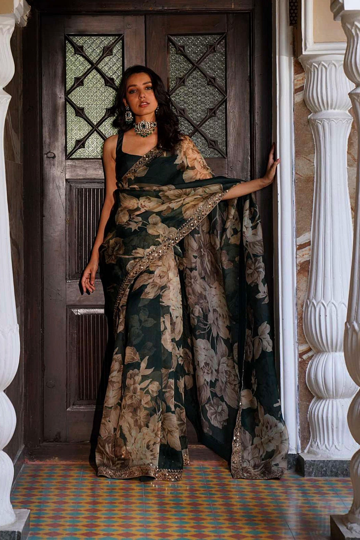 Bottle Green Floral Saree Set