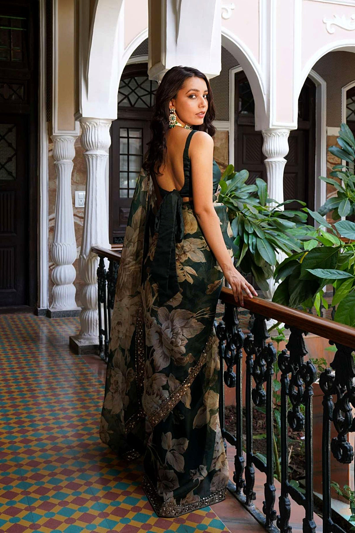 Bottle Green Floral Saree Set