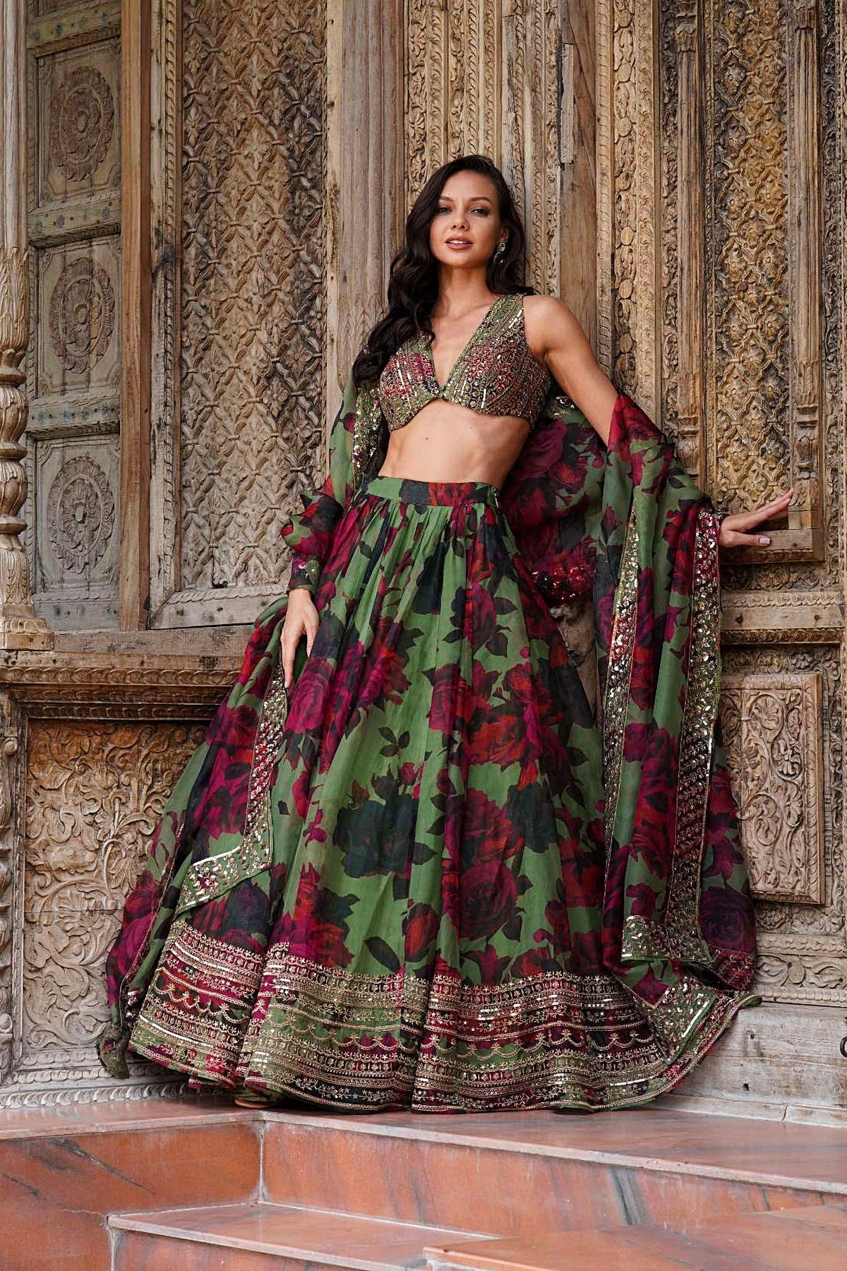 Mehendi Green Floral Lehenga Set