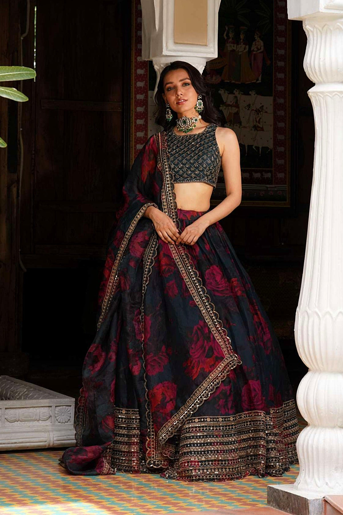 Teal Blue Floral Lehenga Set