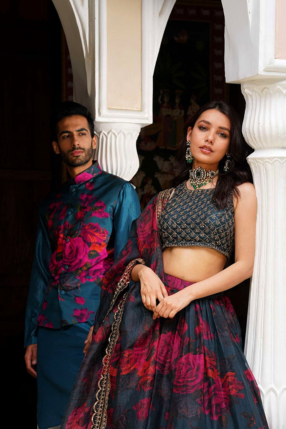 Teal Blue Floral Lehenga Set