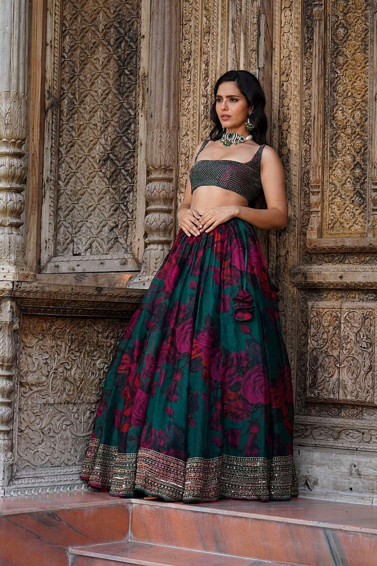 Teal Green Floral Lehenga Set