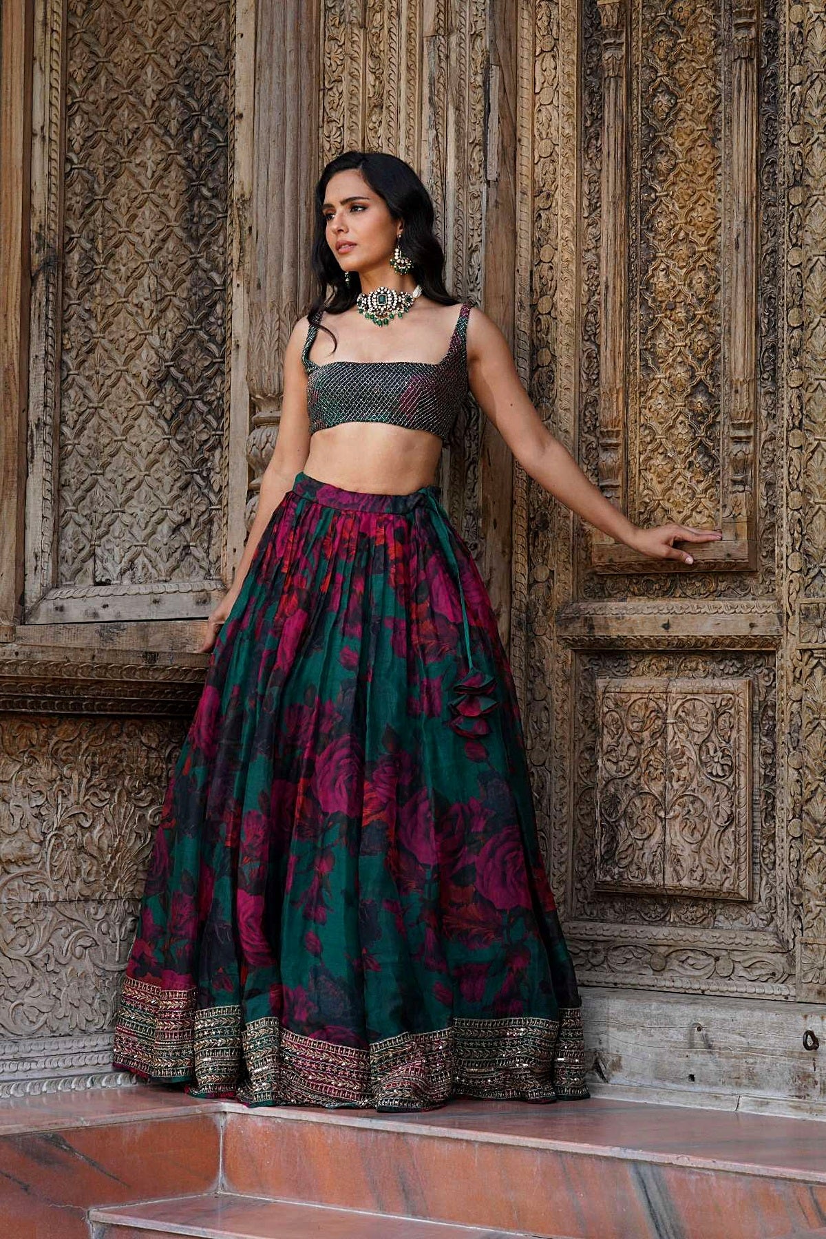Teal Green Floral Lehenga Set