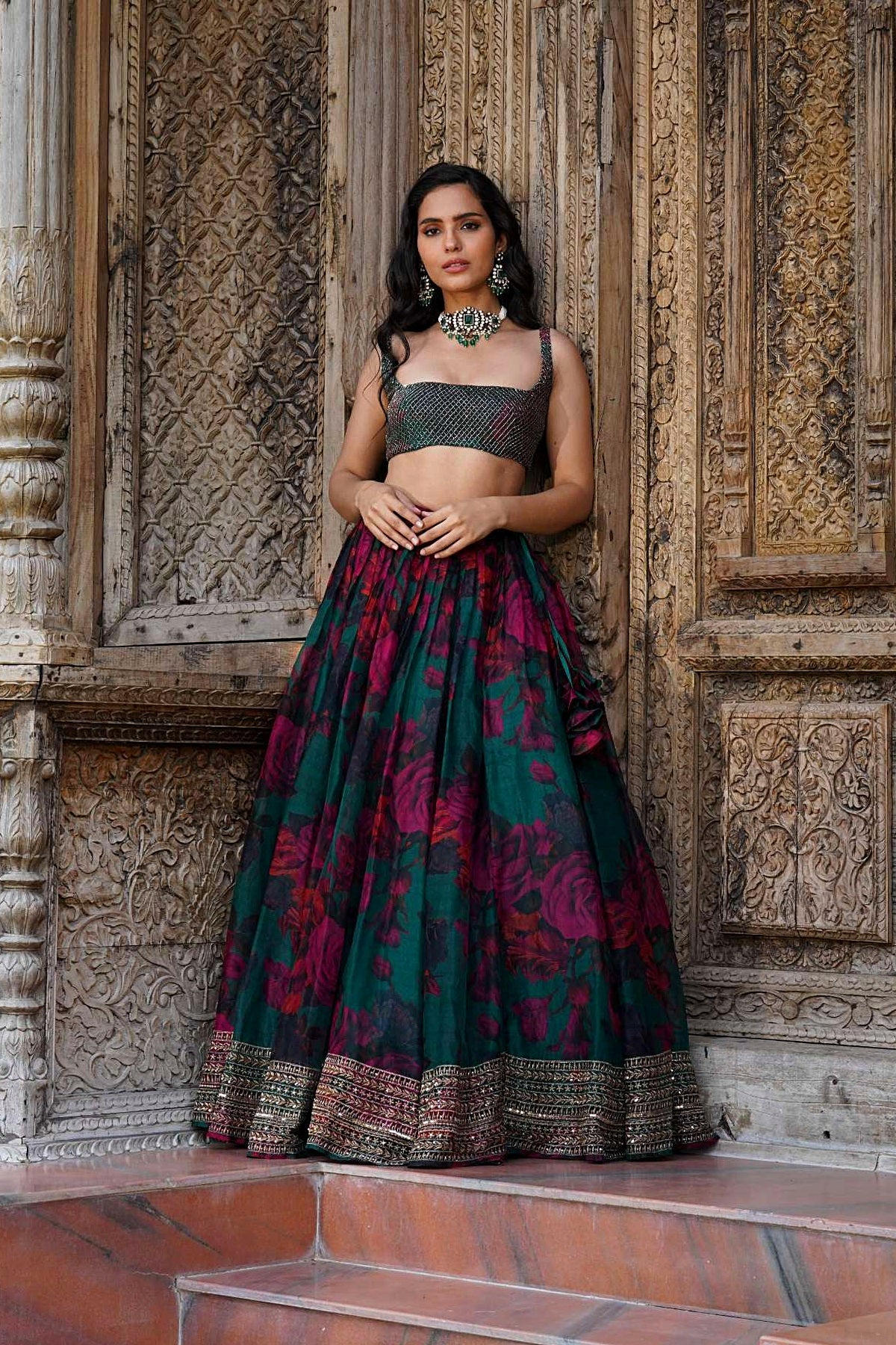 Teal Green Floral Lehenga Set