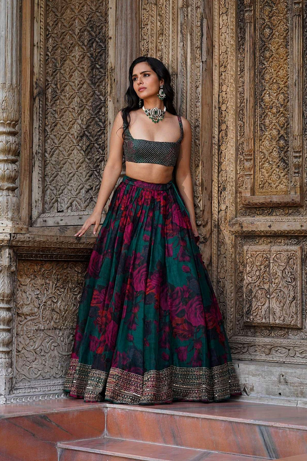 Teal Green Floral Lehenga Set