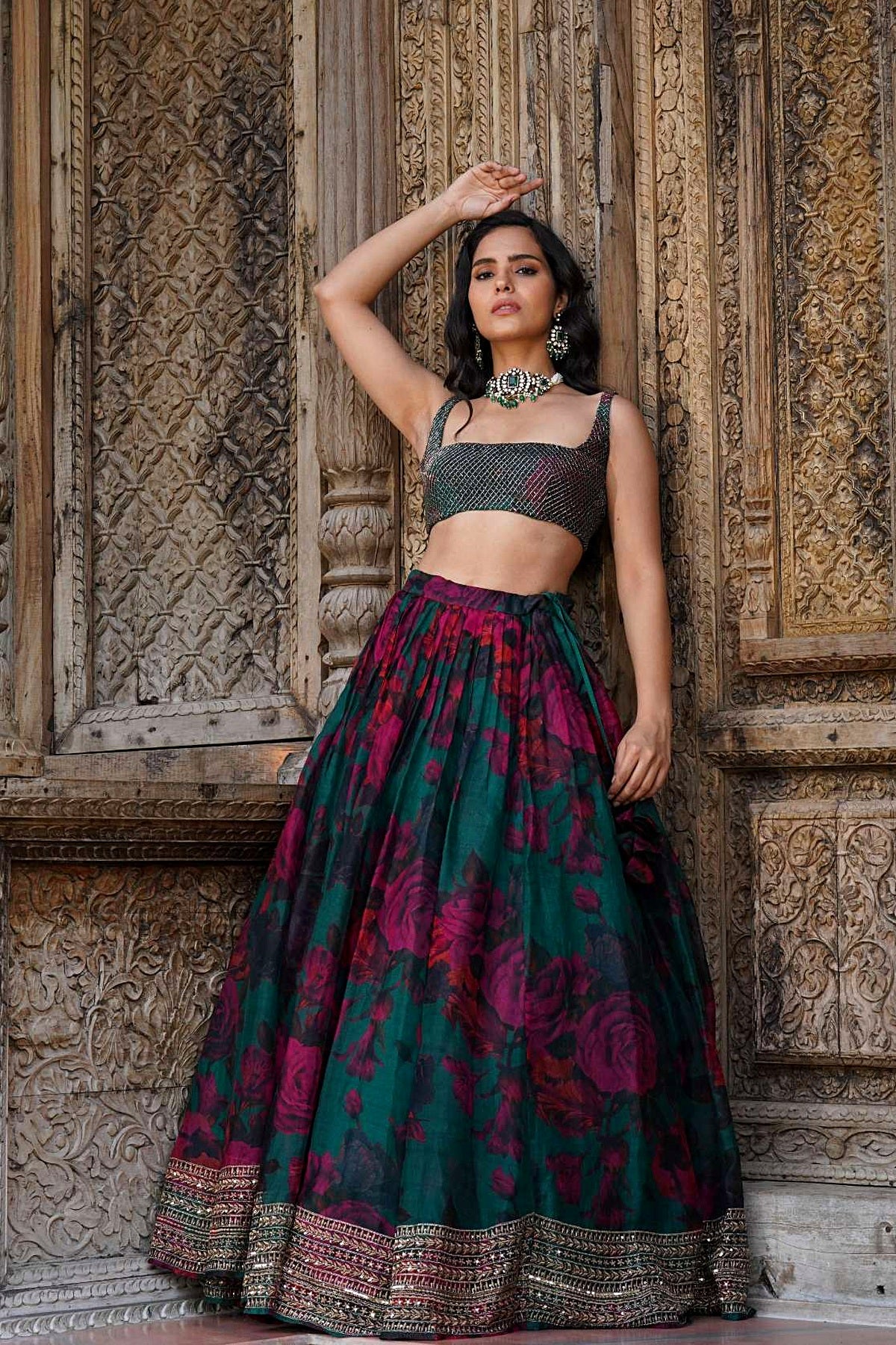 Teal Green Floral Lehenga Set