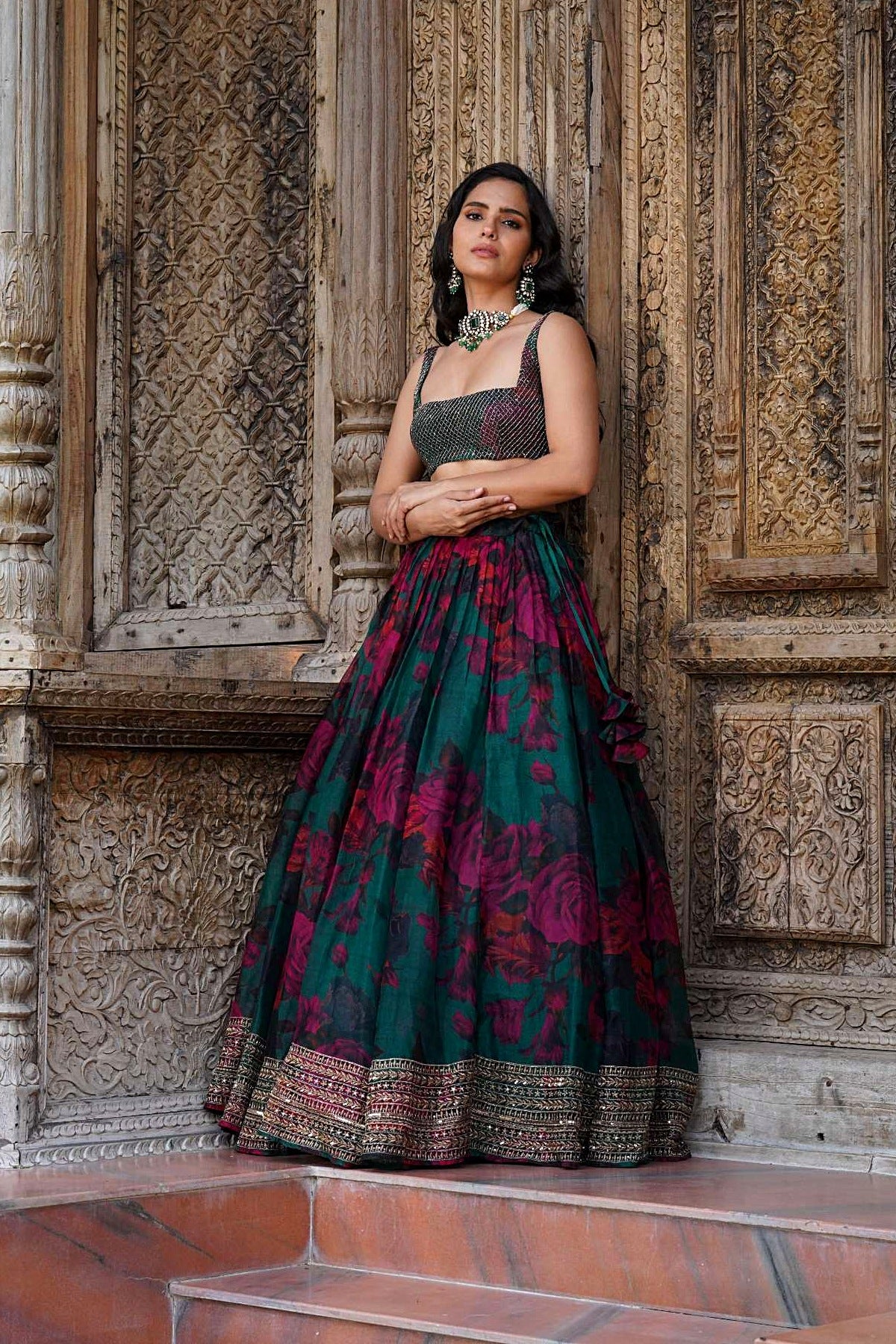 Teal Green Floral Lehenga Set