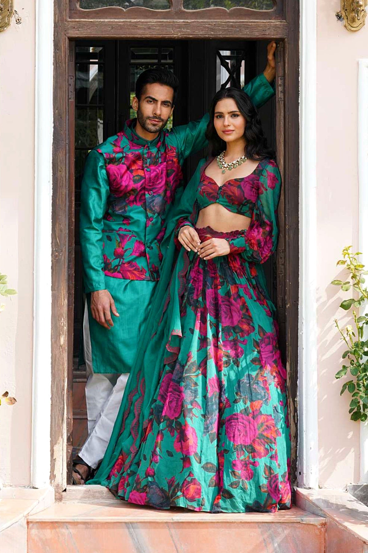 Teal Green Chiffon Floral Lehenga Set