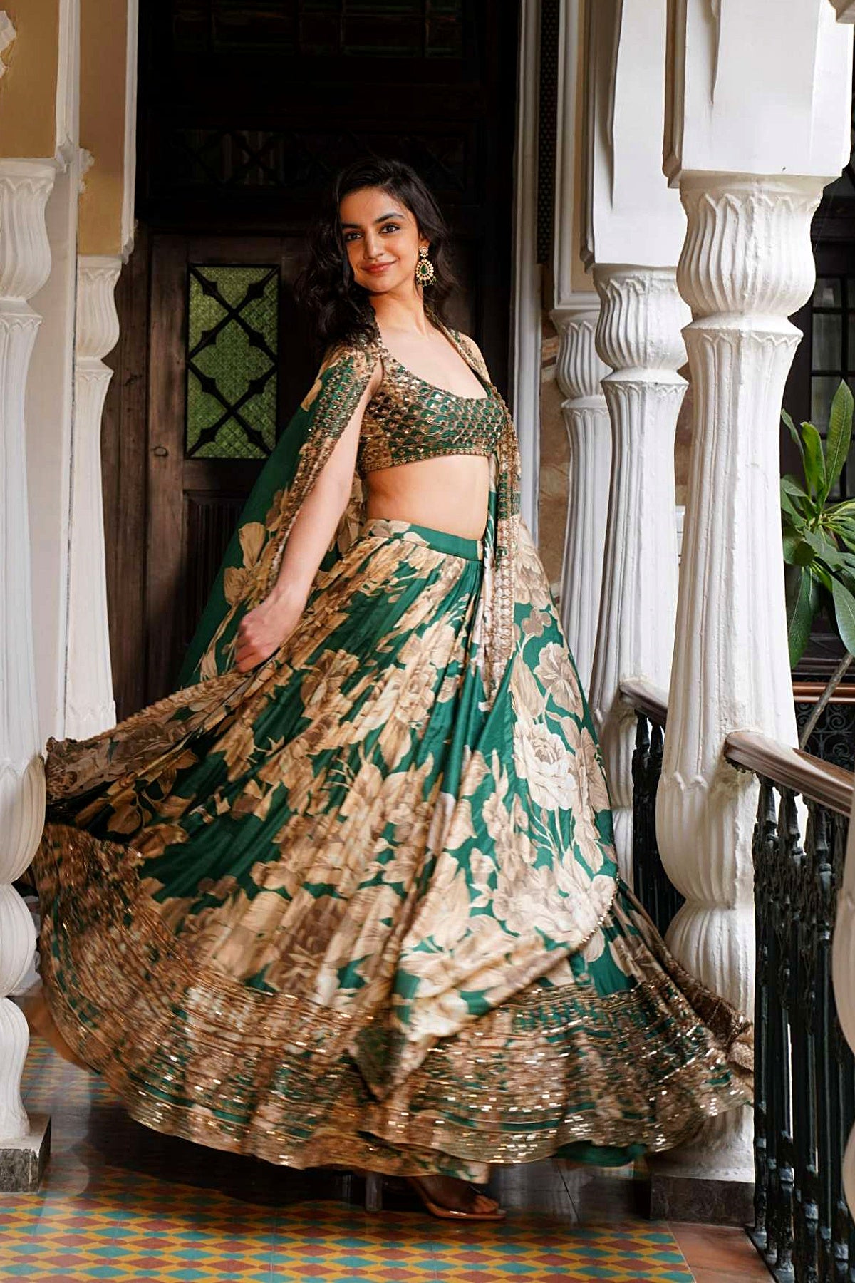Bottle Green Floral Lehenga Set