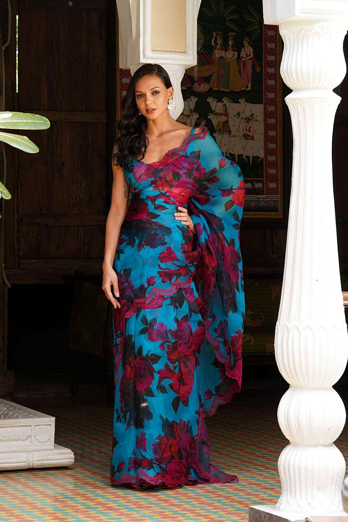 Turquise Floral Saree Set