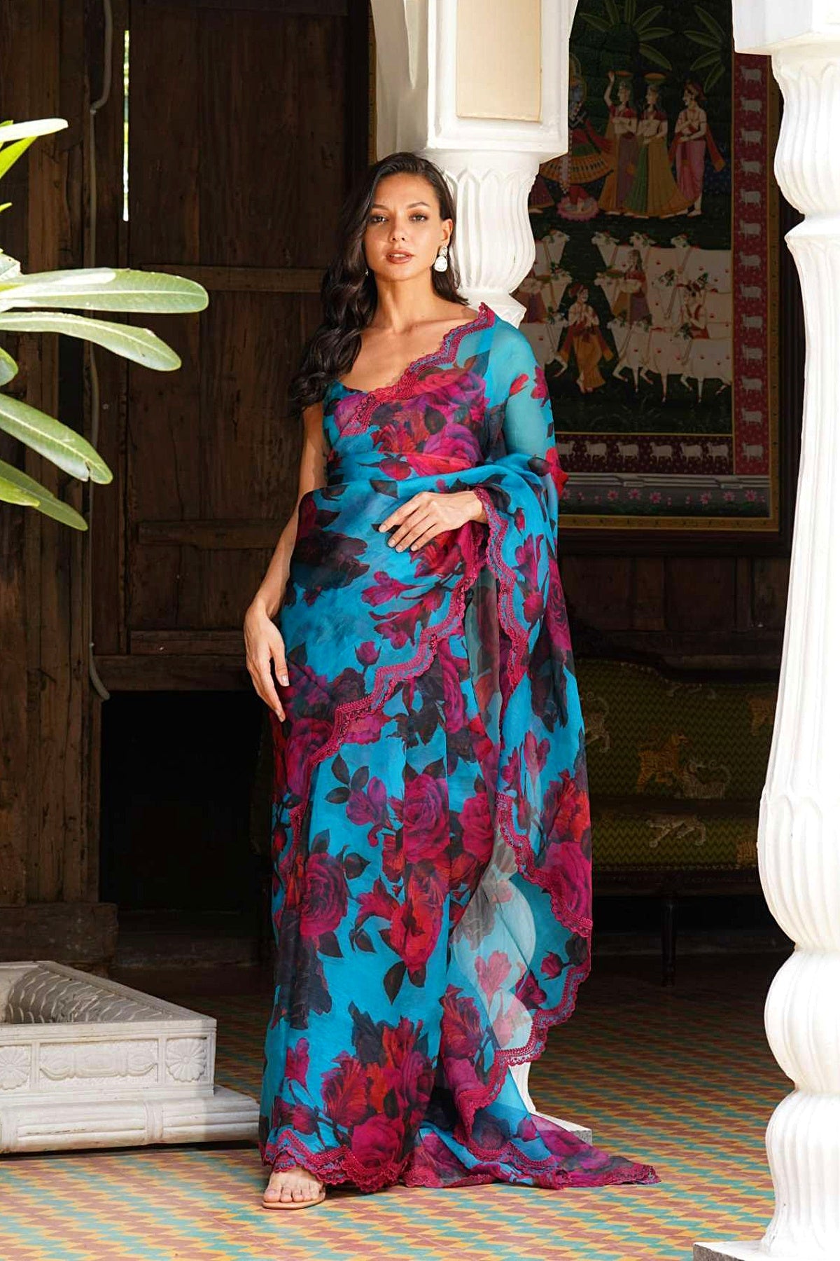 Turquise Floral Saree Set