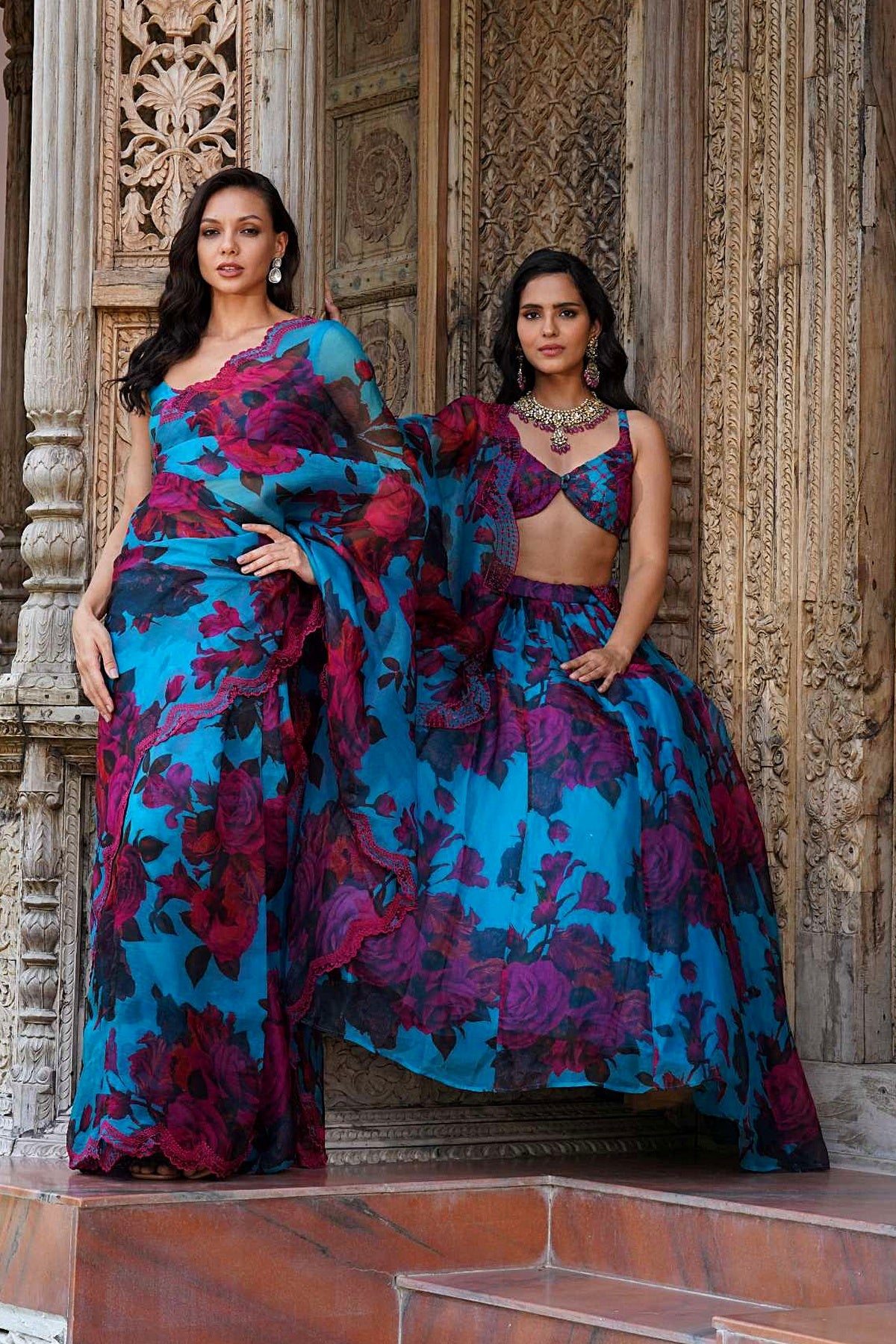 Turquise Floral Saree Set