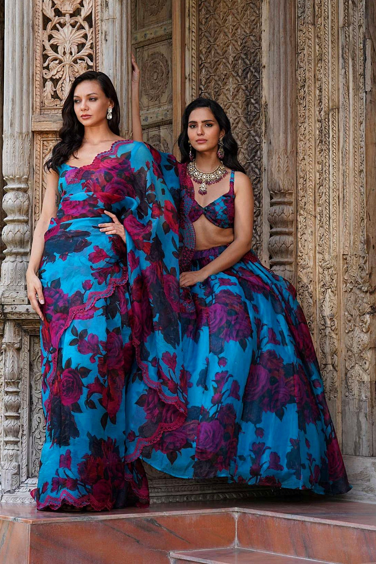 Turquise Floral Saree Set