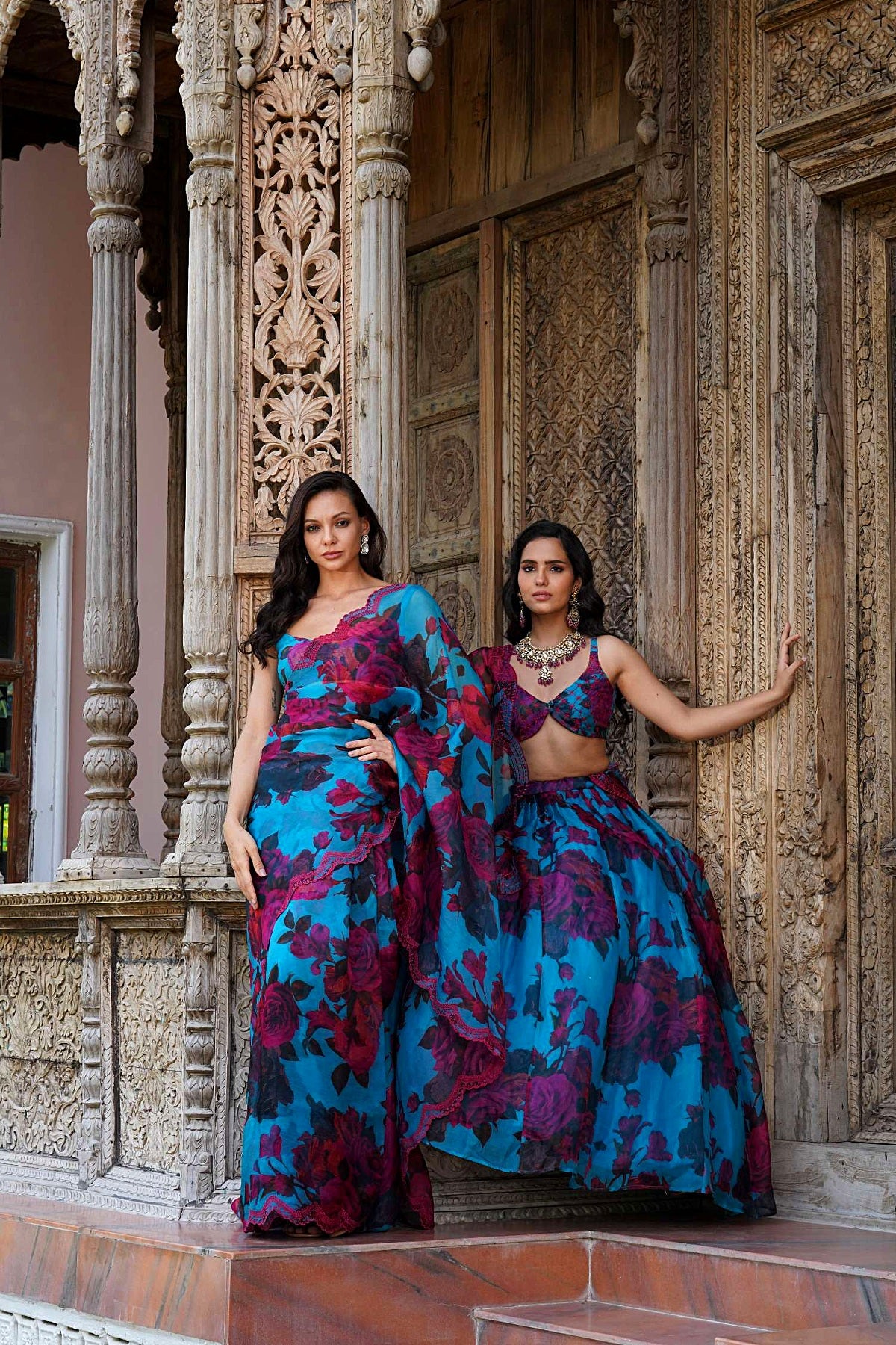 Turquise Floral Saree Set