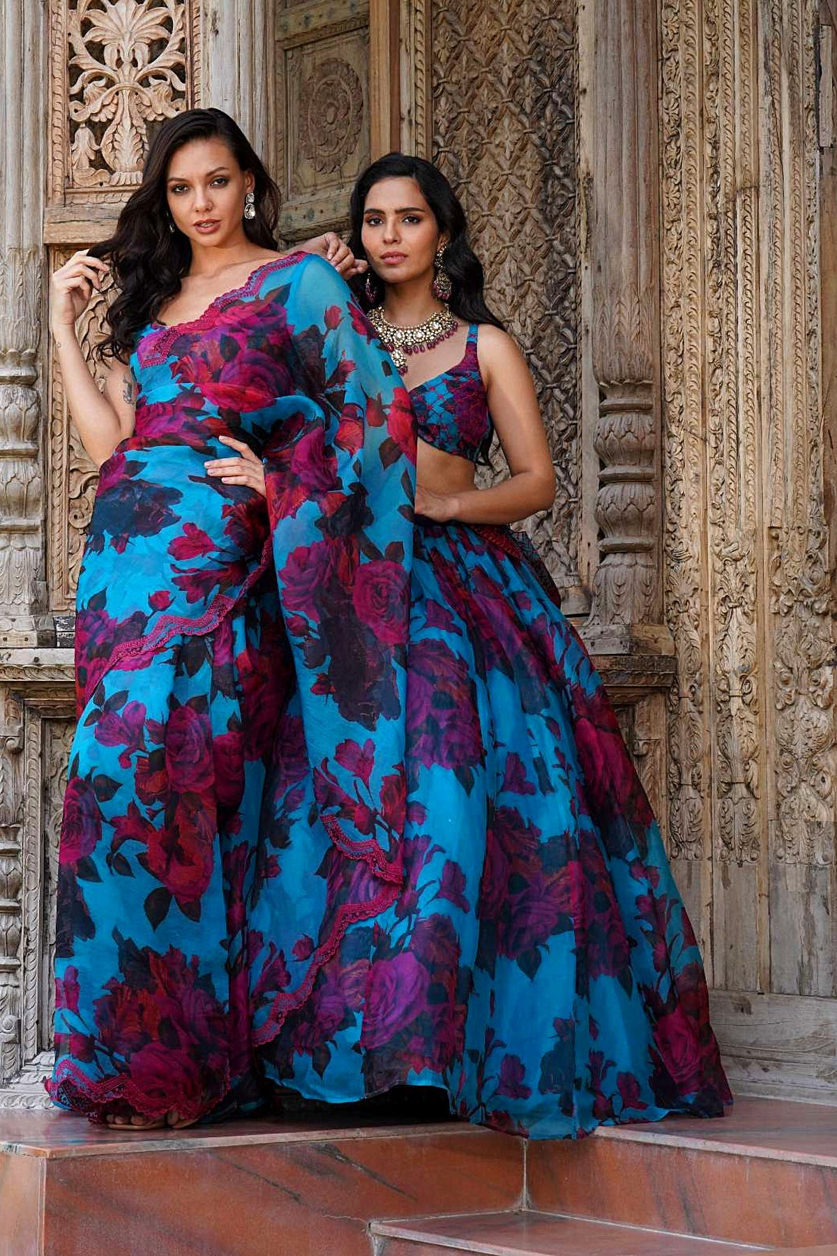 Turquise Floral Saree Set