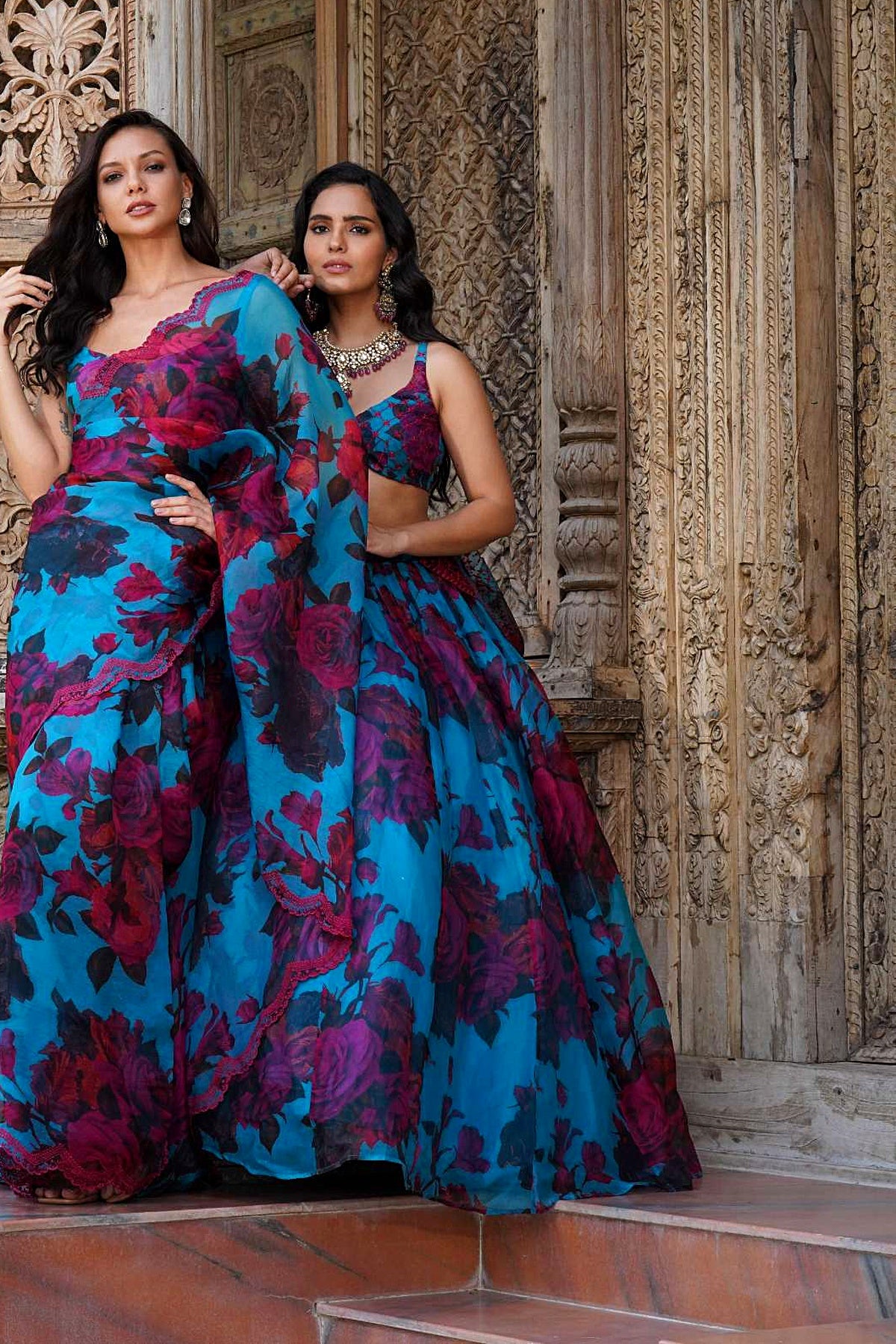 Turquise Floral Saree Set