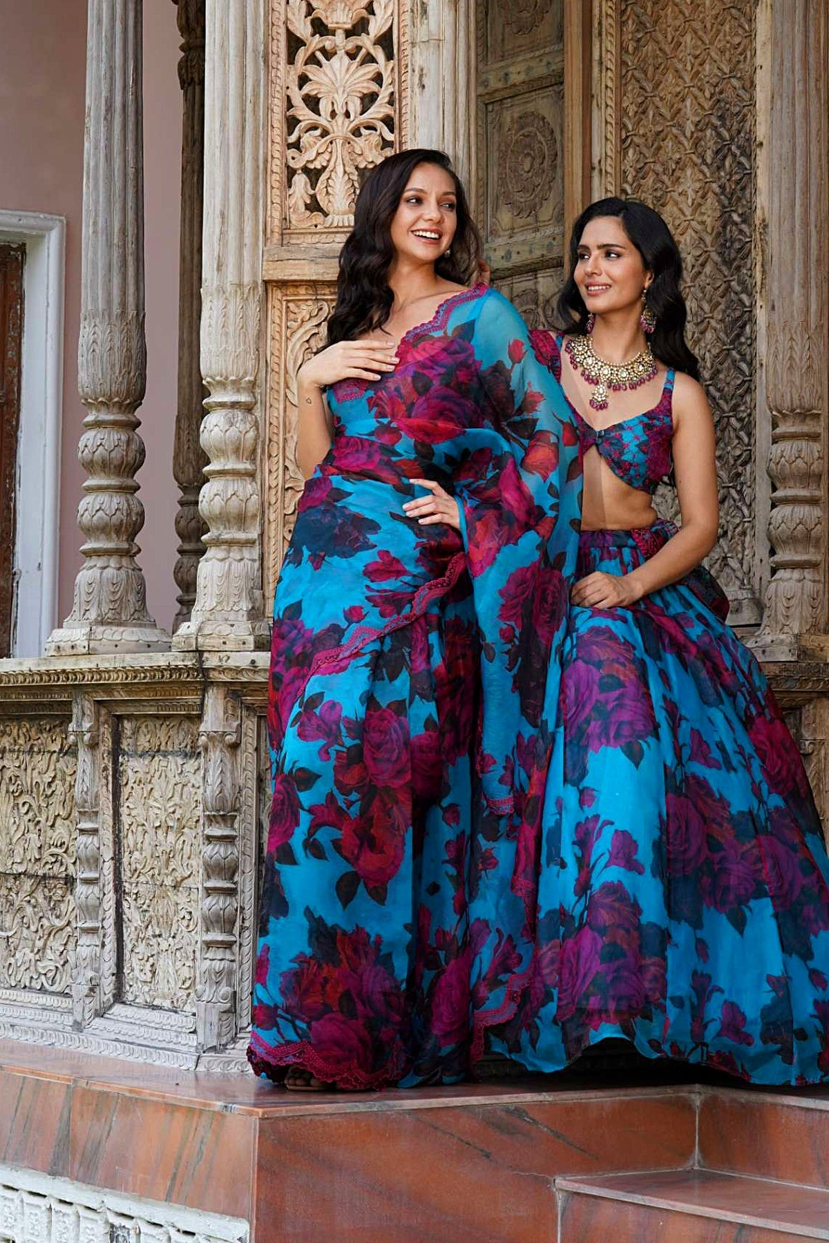 Turquise Floral Saree Set