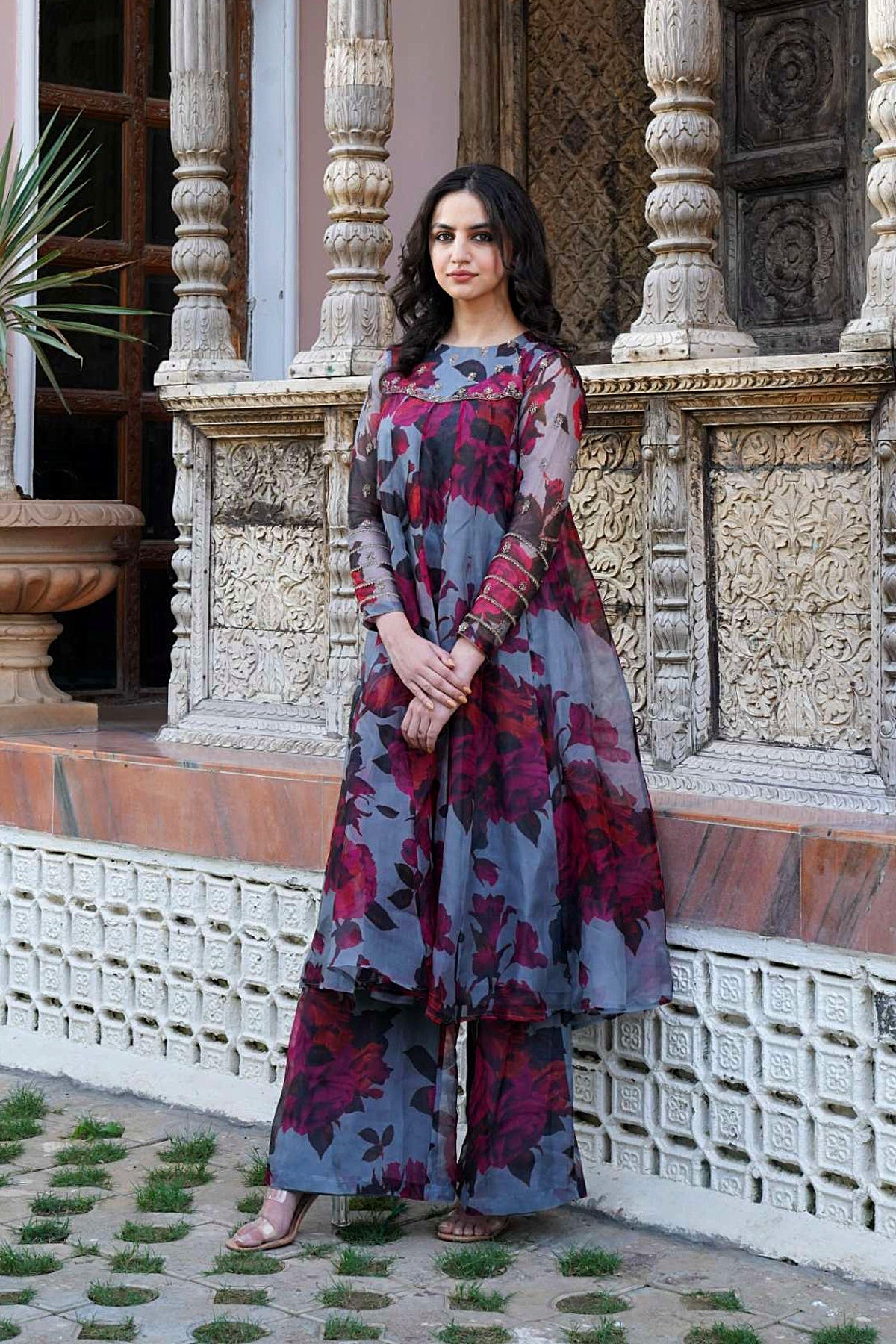 Light Grey Floral A Line Kurti Set