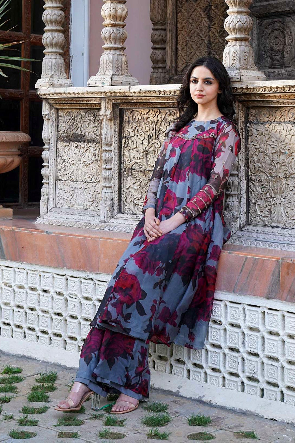 Light Grey Floral A Line Kurti Set