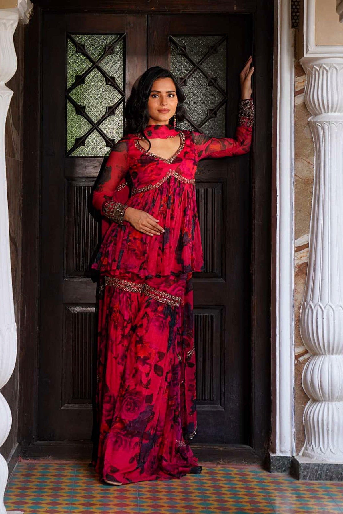 Caramine Chiffon Floral Peplum Set