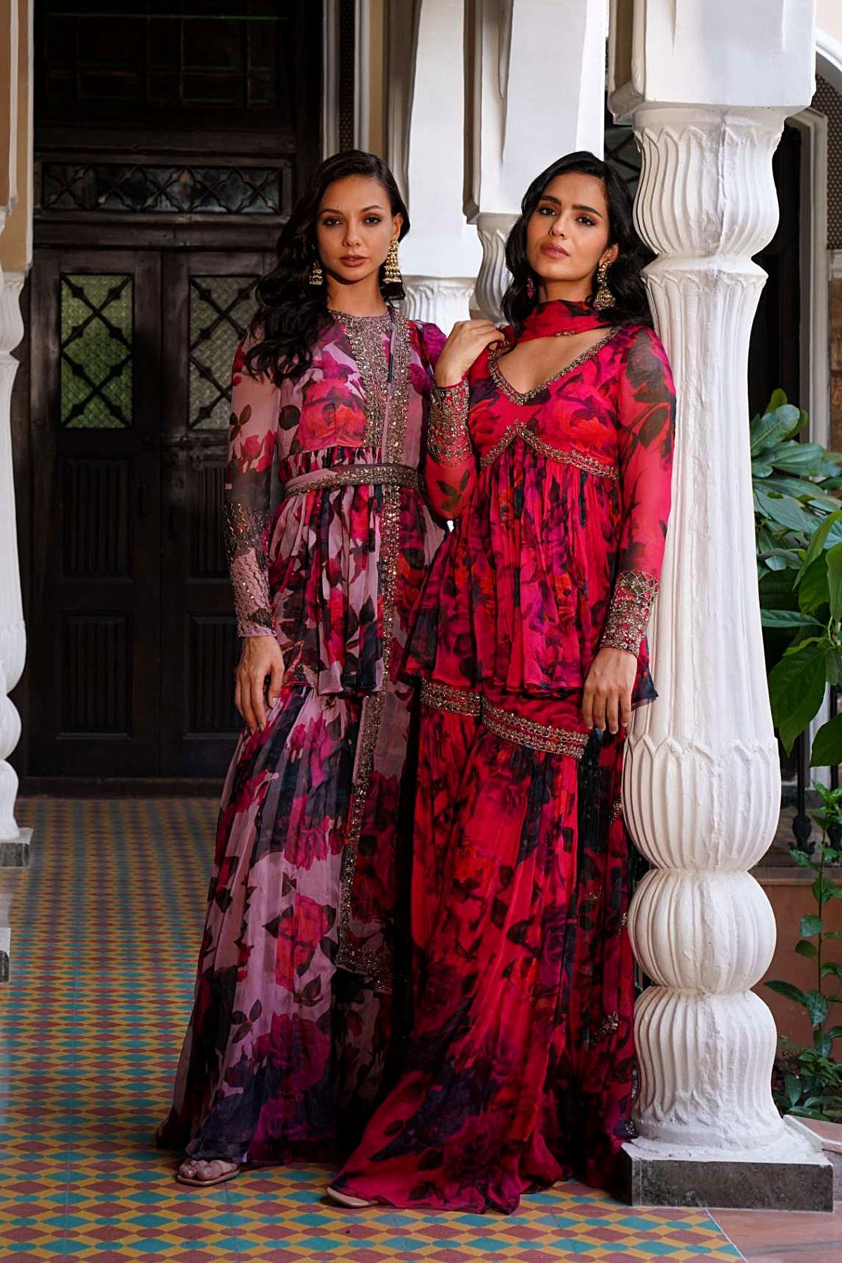 Caramine Chiffon Floral Peplum Set