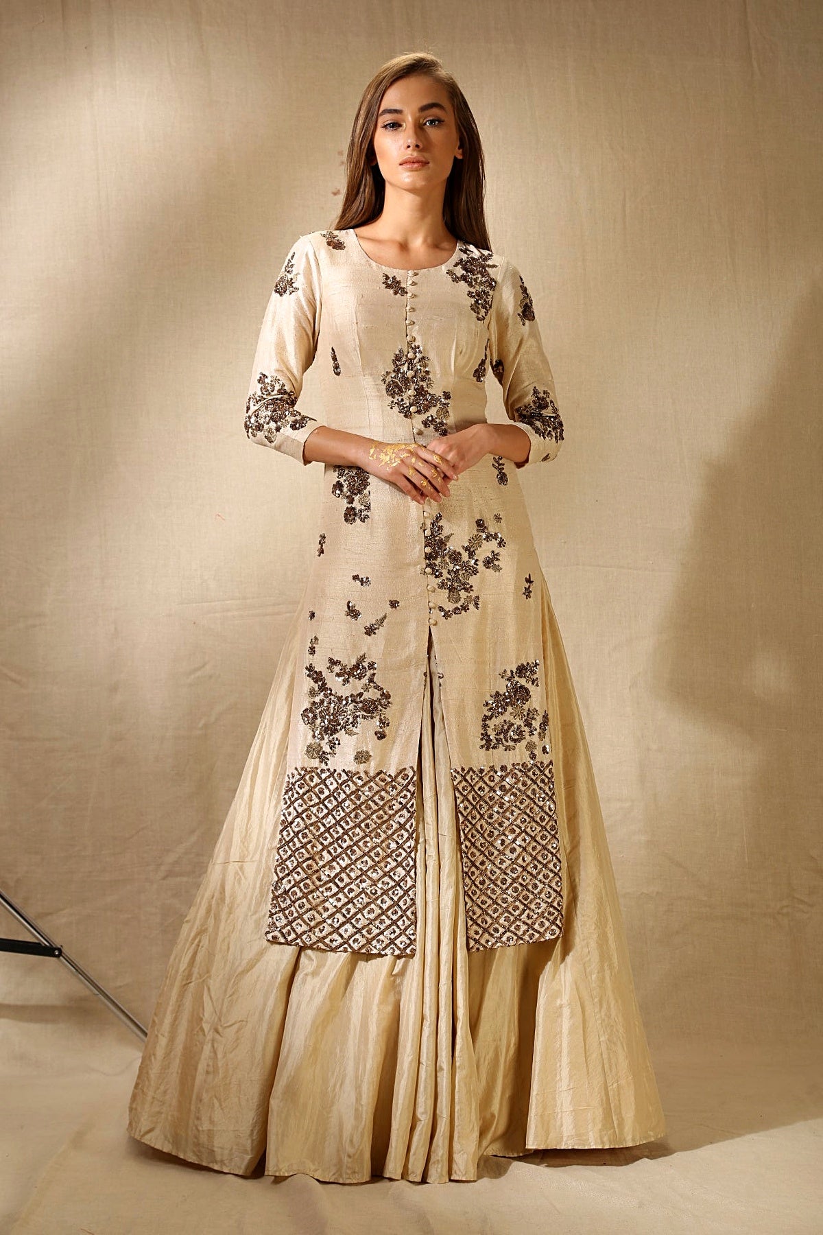 Beige Rawsilk With Antique Work Front Loop Jacket Set