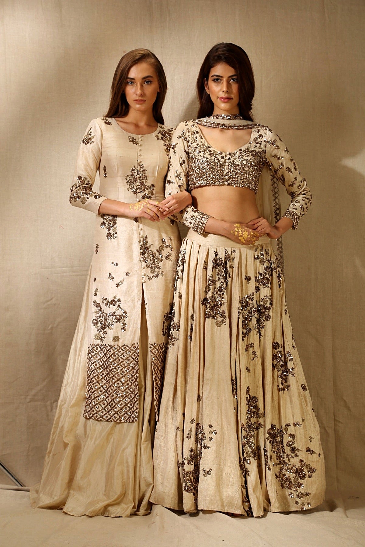 Beige Rawsilk With Antique Work Front Loop Jacket Set
