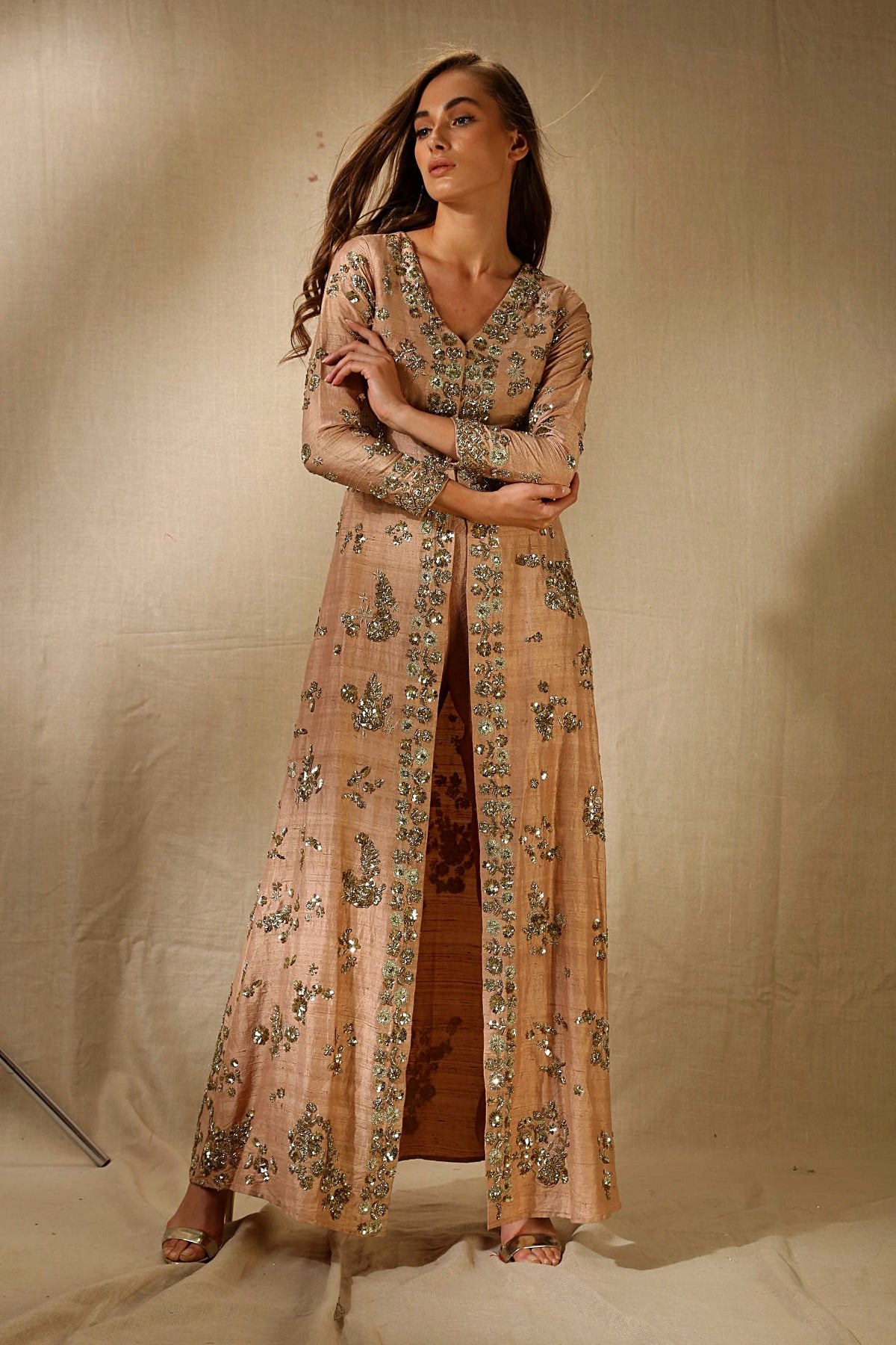 Rose Gold Rawsilk Front Open Jacket Set