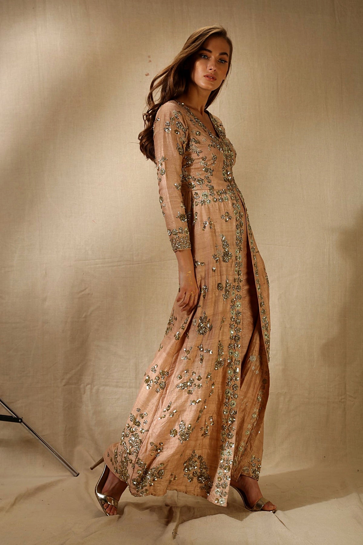 Rose Gold Rawsilk Front Open Jacket Set